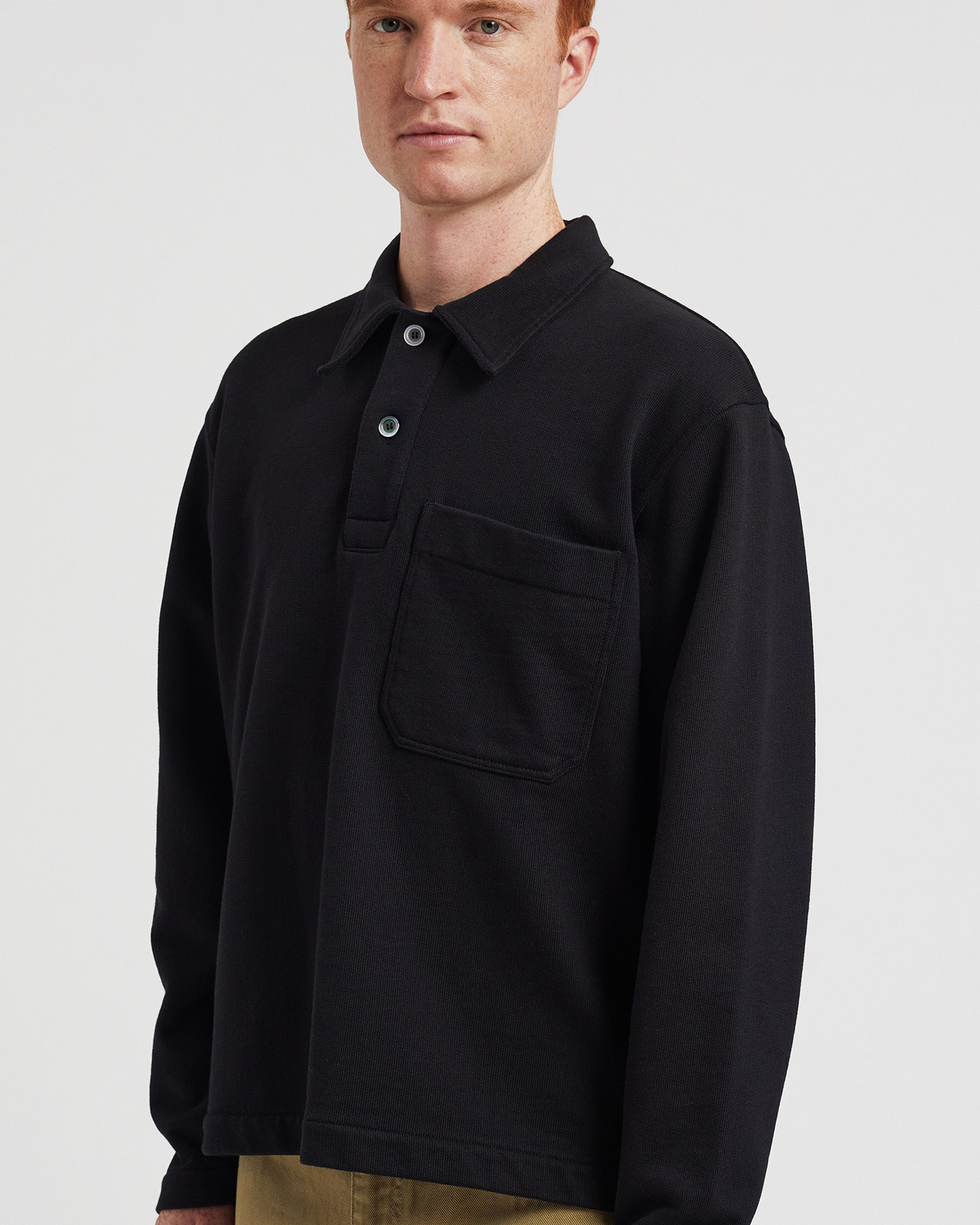Fraser Relaxed Organic Loopback LS Polo - Black