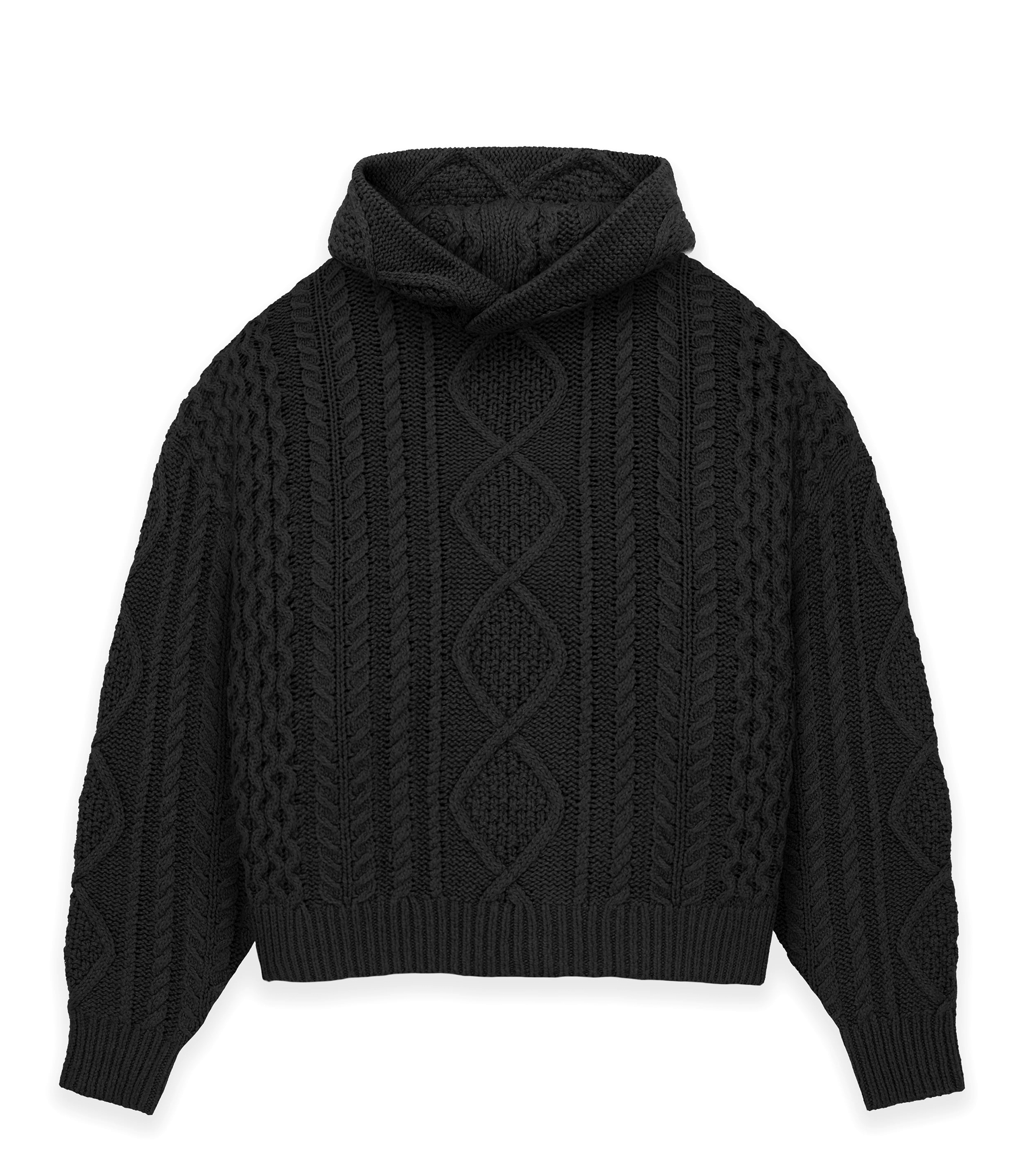 Hooded Cable Knit Sweater - Black