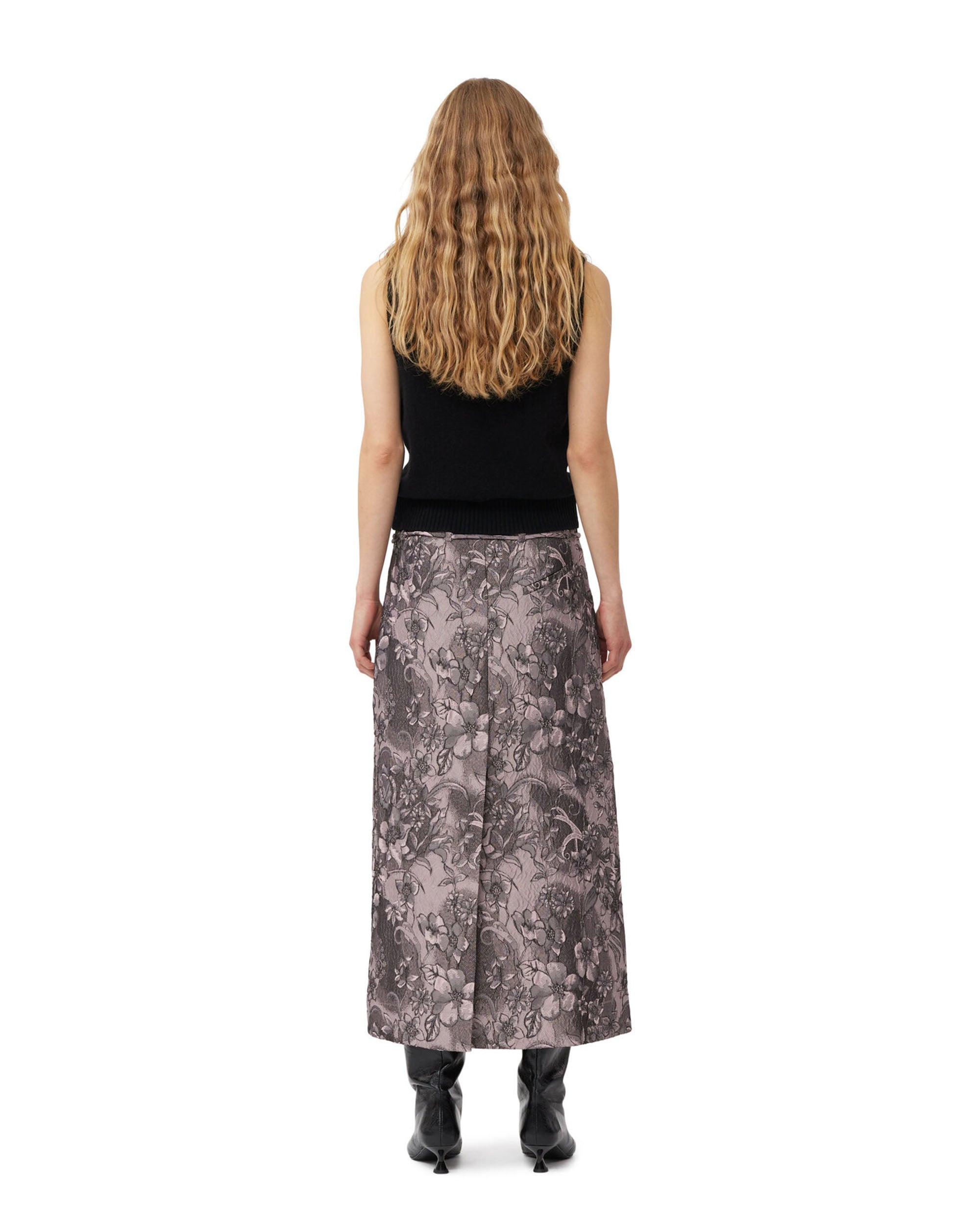 Rippled Jacquard Long Slit Skirt - Black Lotus