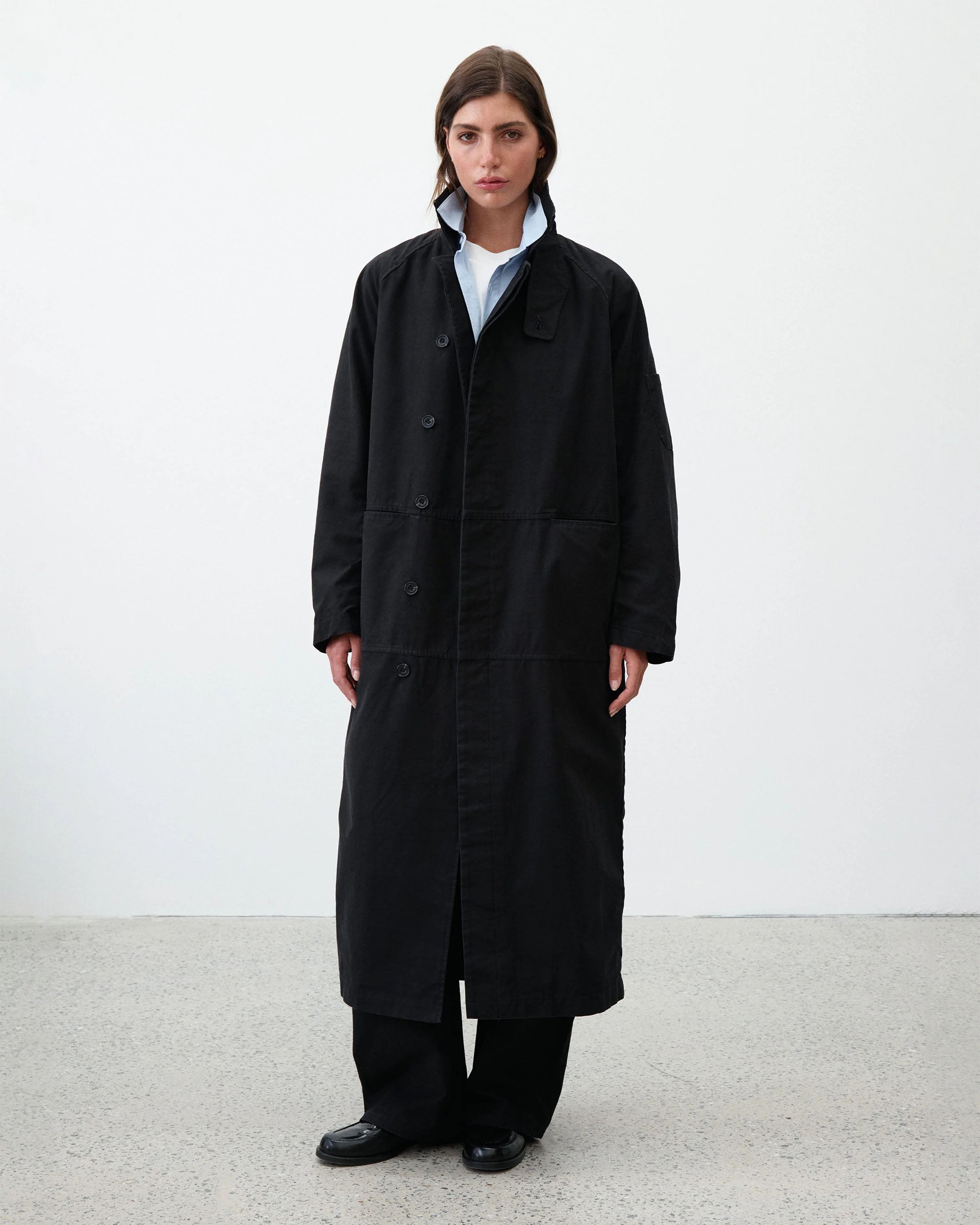 Reverse Twill Panel Trench - Black