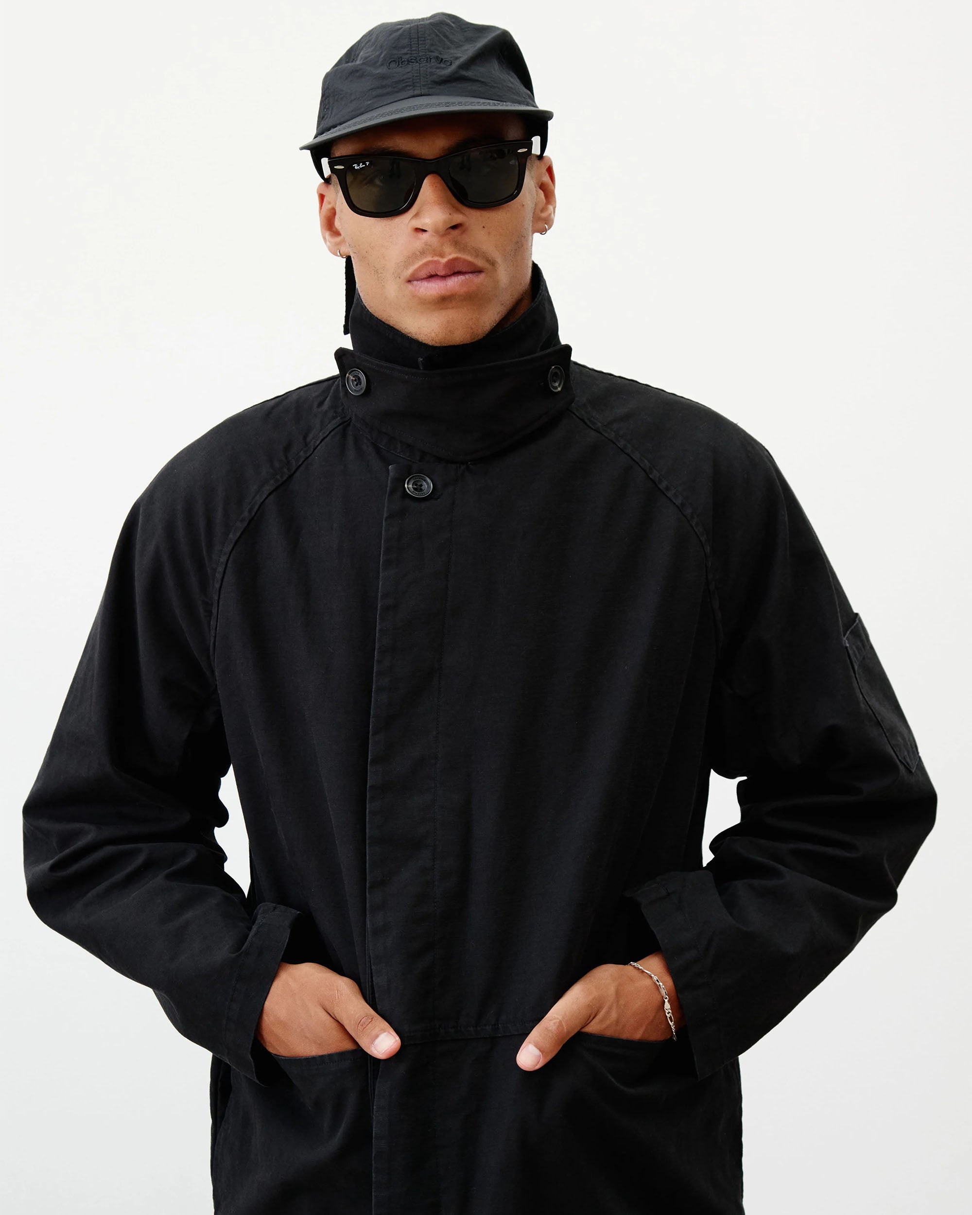 Reverse Twill Panel Trench - Black