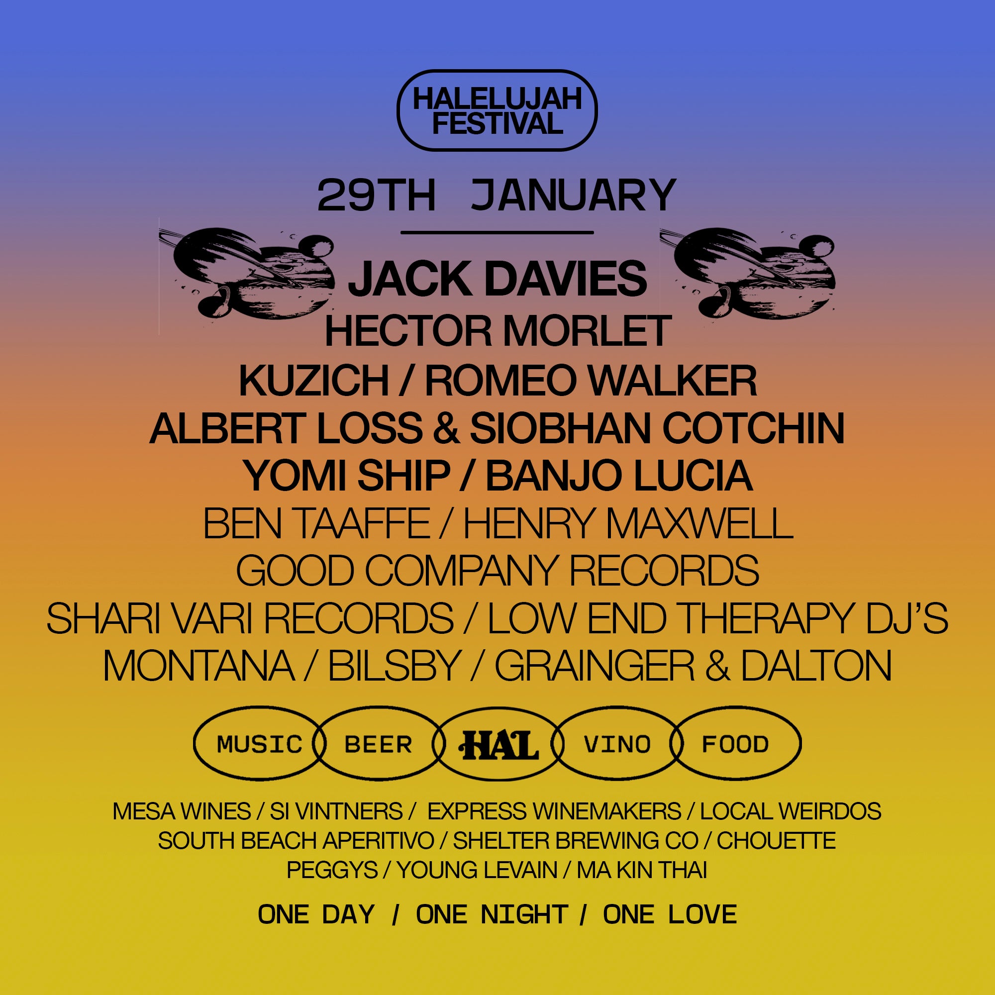 HALELUJAH FESTIVAL LINEUP - SATURDAY JANUARY 29TH