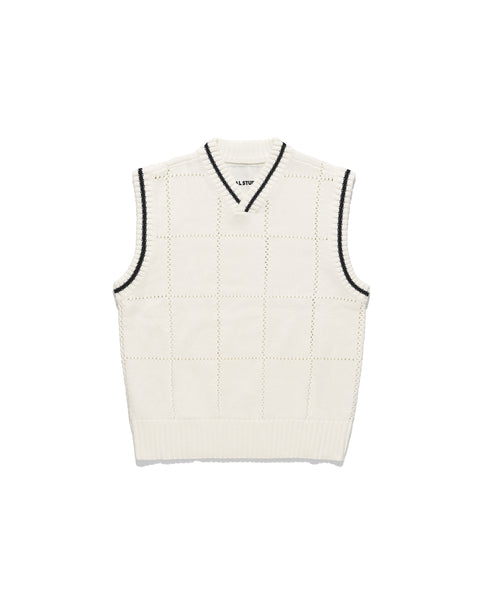 ＜HOUGA＞ waltz frill vest cotton WHITE White Knit Vest Sleeveless V Neck Crochet Button Up | Ally
