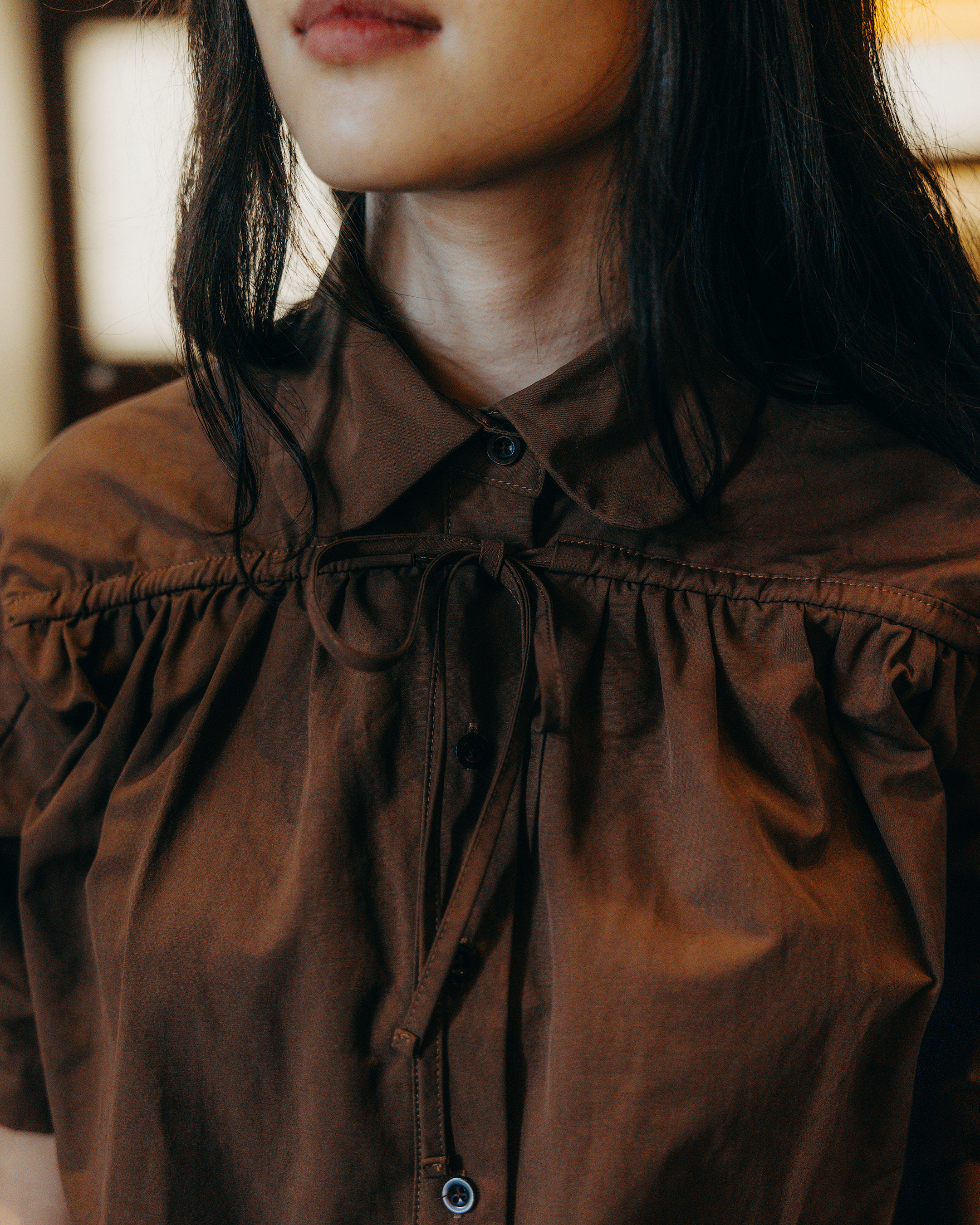 Petal Collar Tie Top - Brown