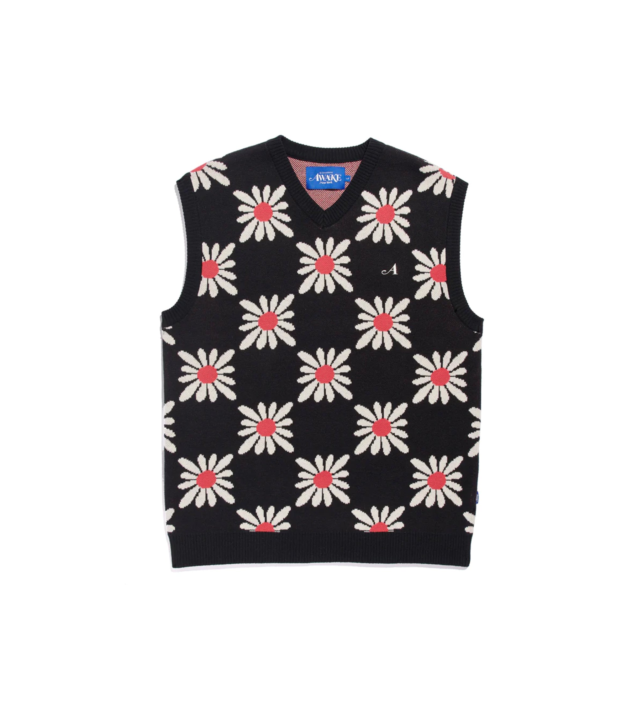 Checkered Floral Sweater Vest - Black