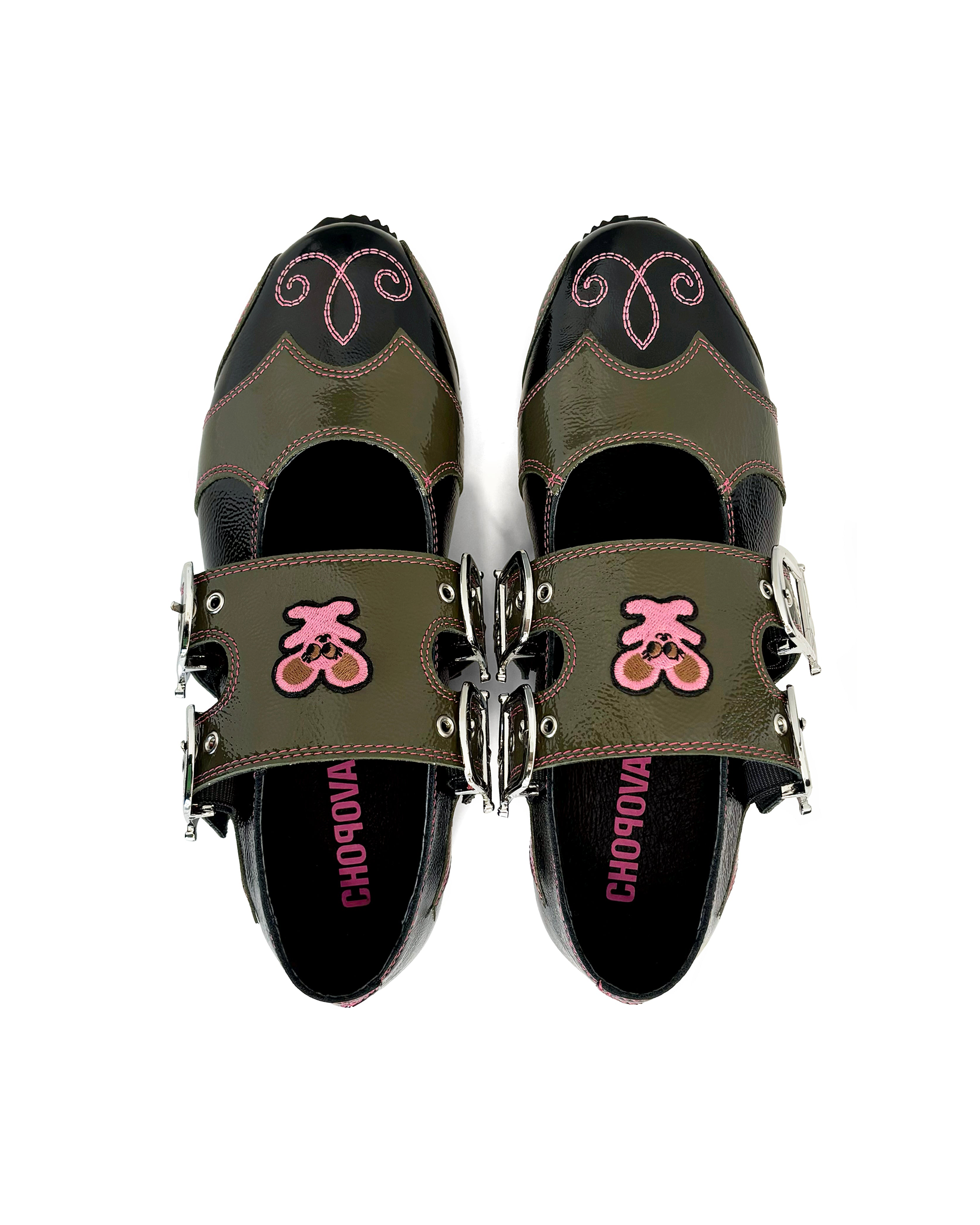 Doris Buckle Leather Flats - Green / Black