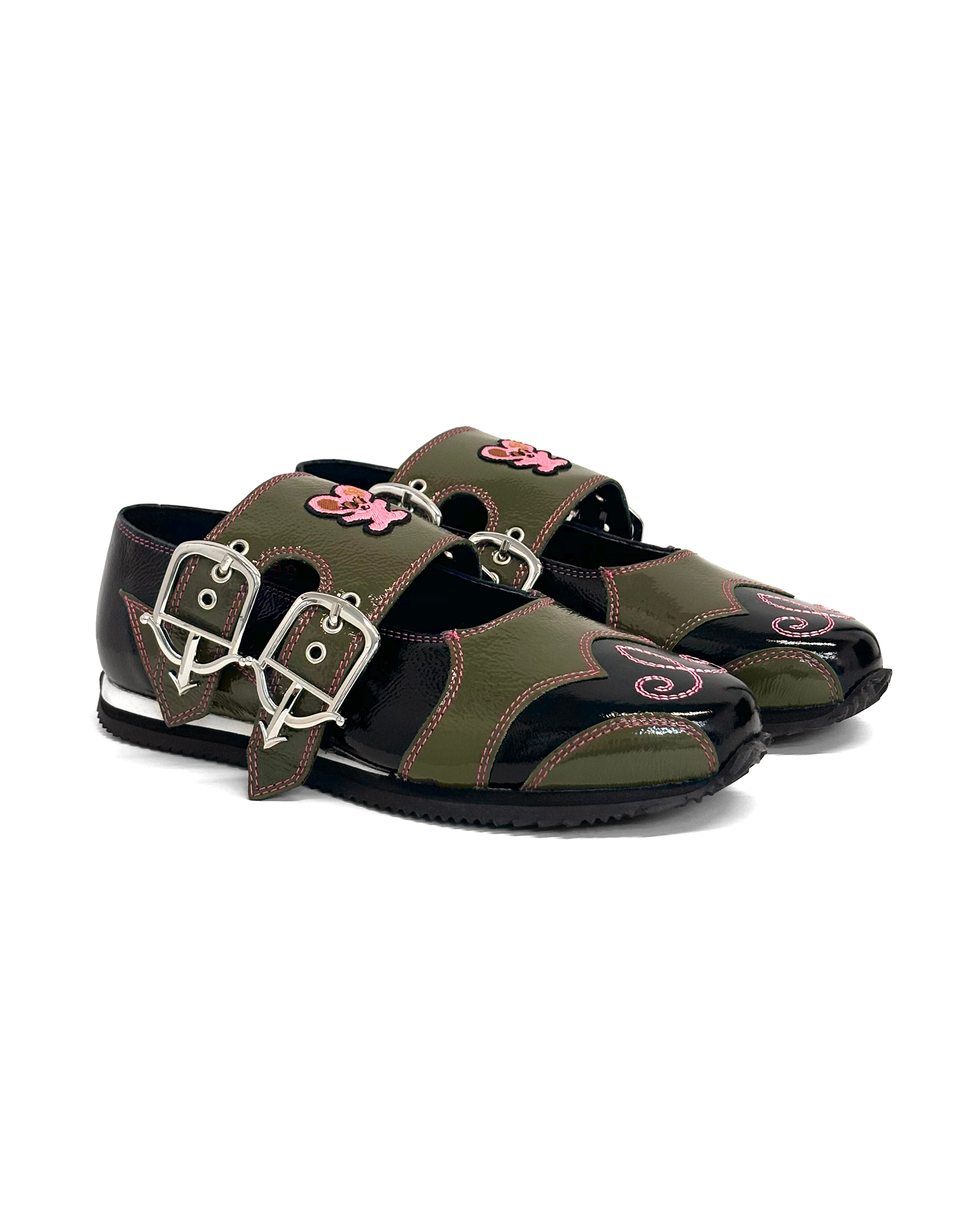 Doris Buckle Leather Flats - Green / Black