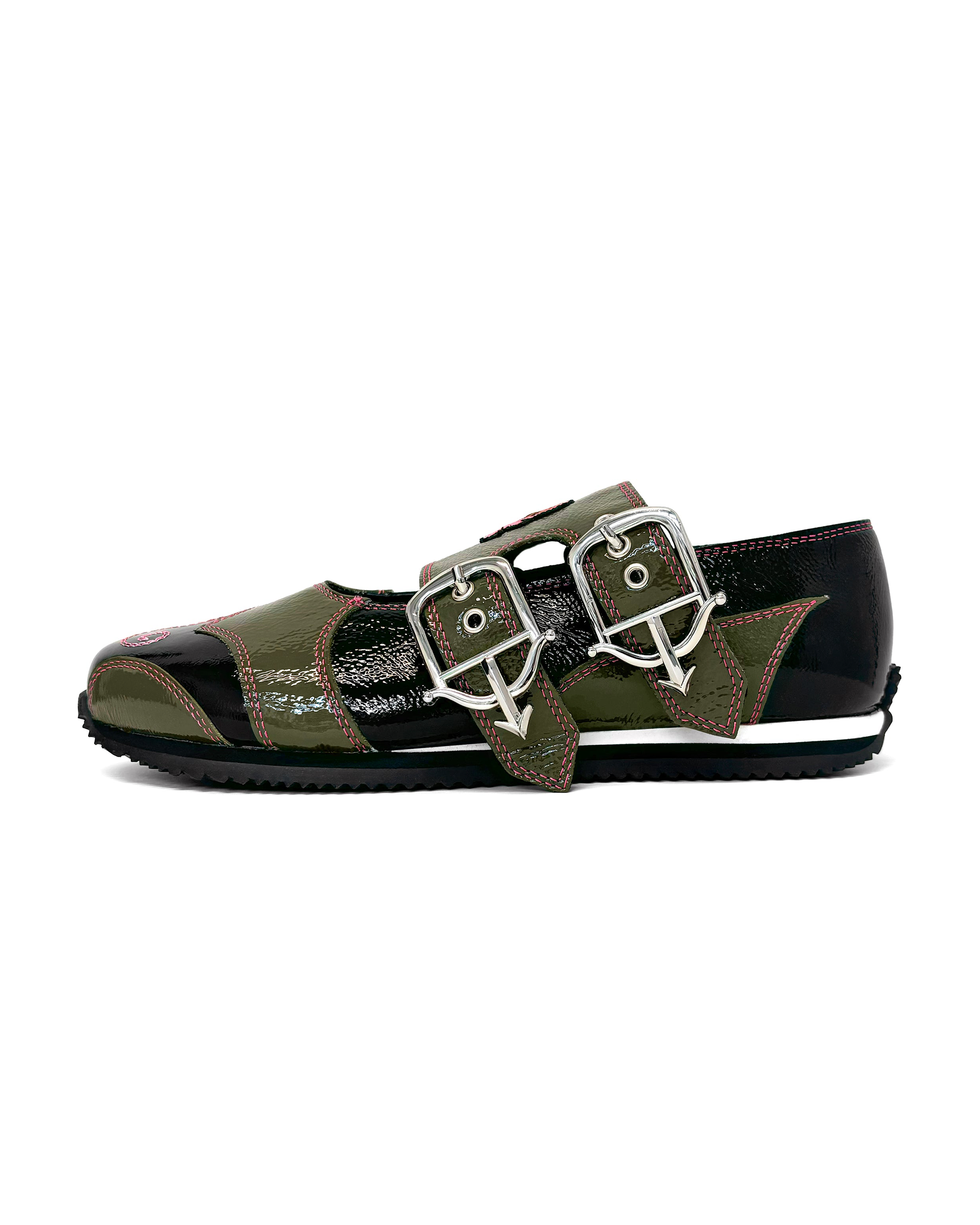 Doris Buckle Leather Flats - Green / Black