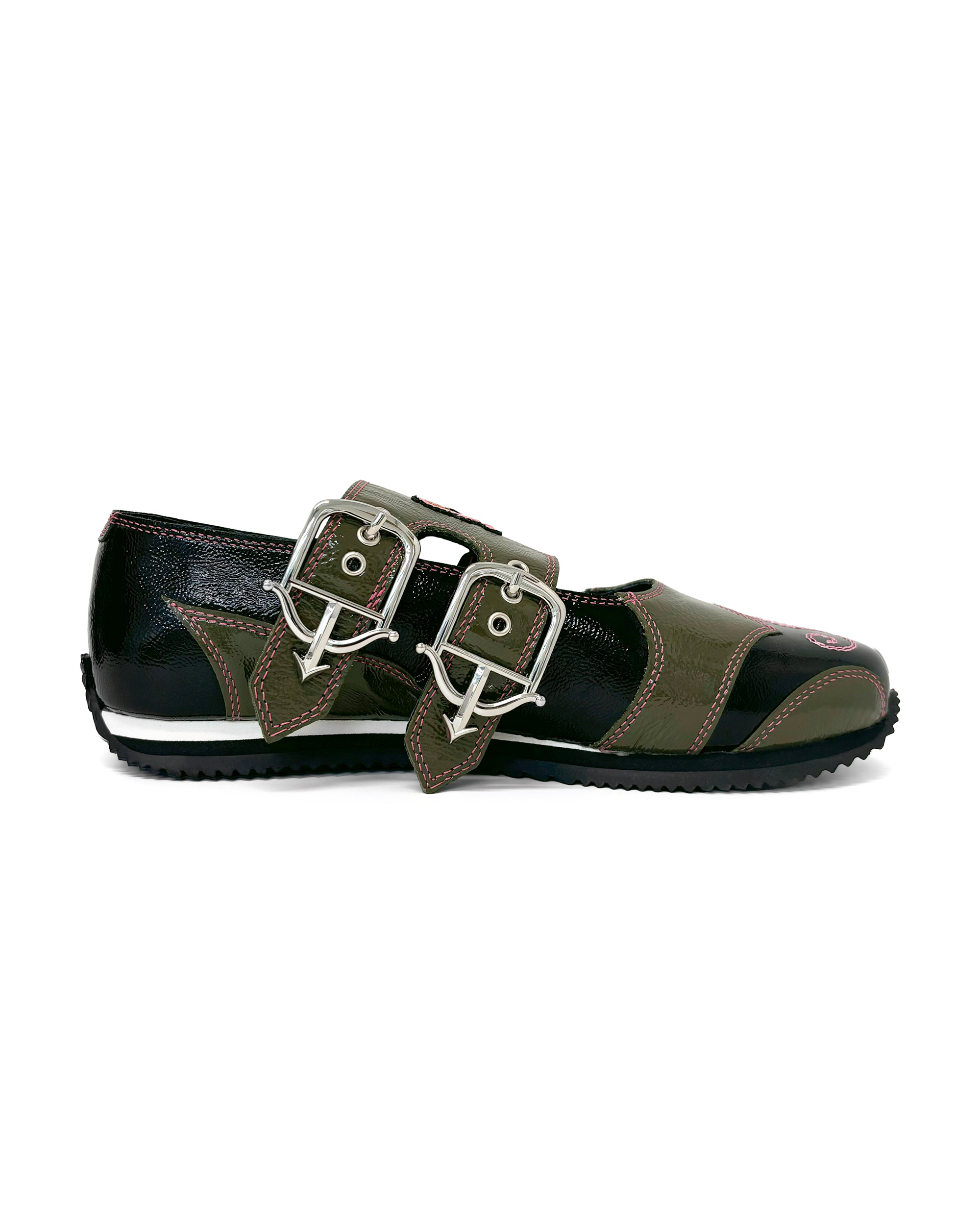 Doris Buckle Leather Flats - Green / Black
