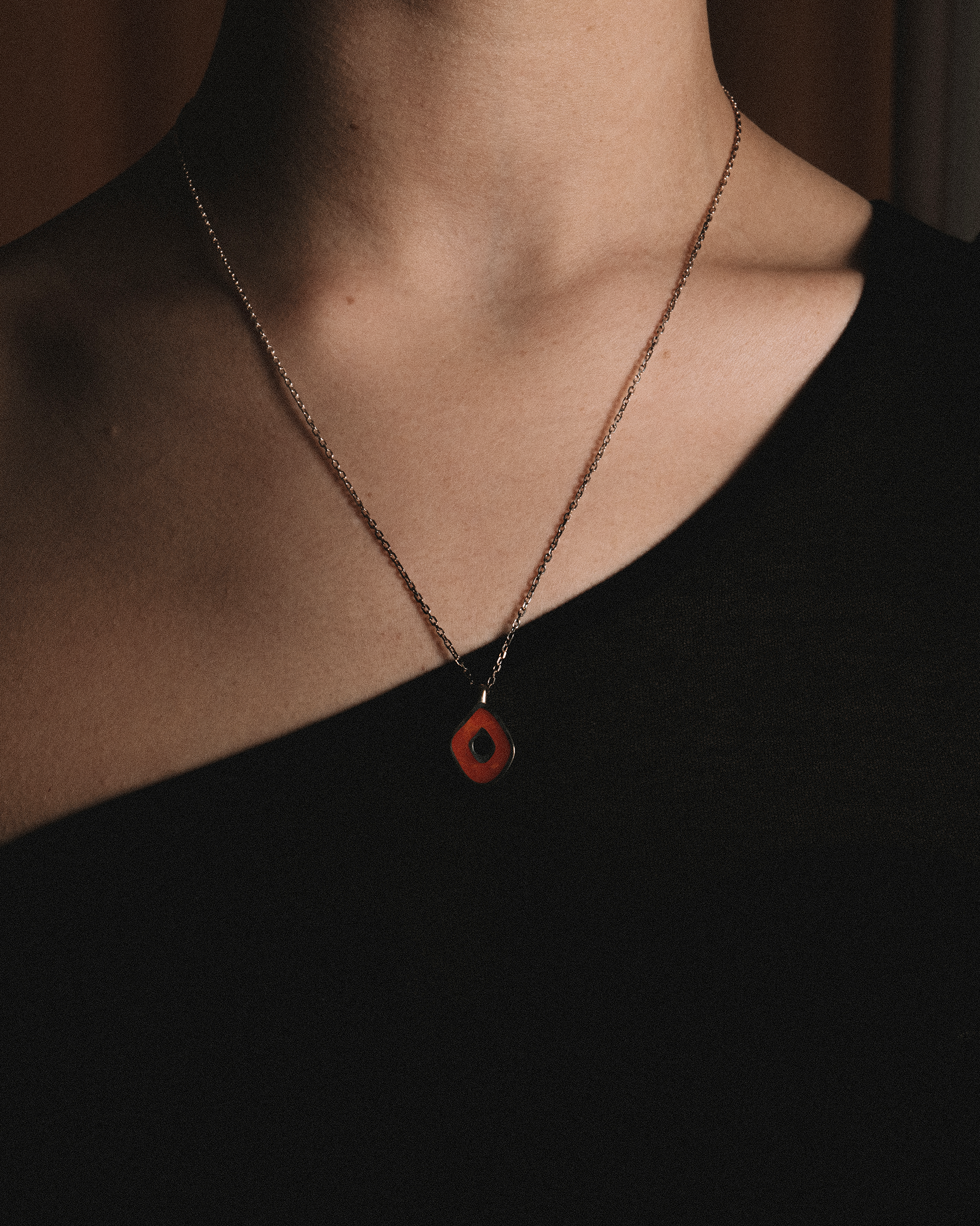 Irregular Pendant With Chain - 925 Sterling Silver / Orange Resin