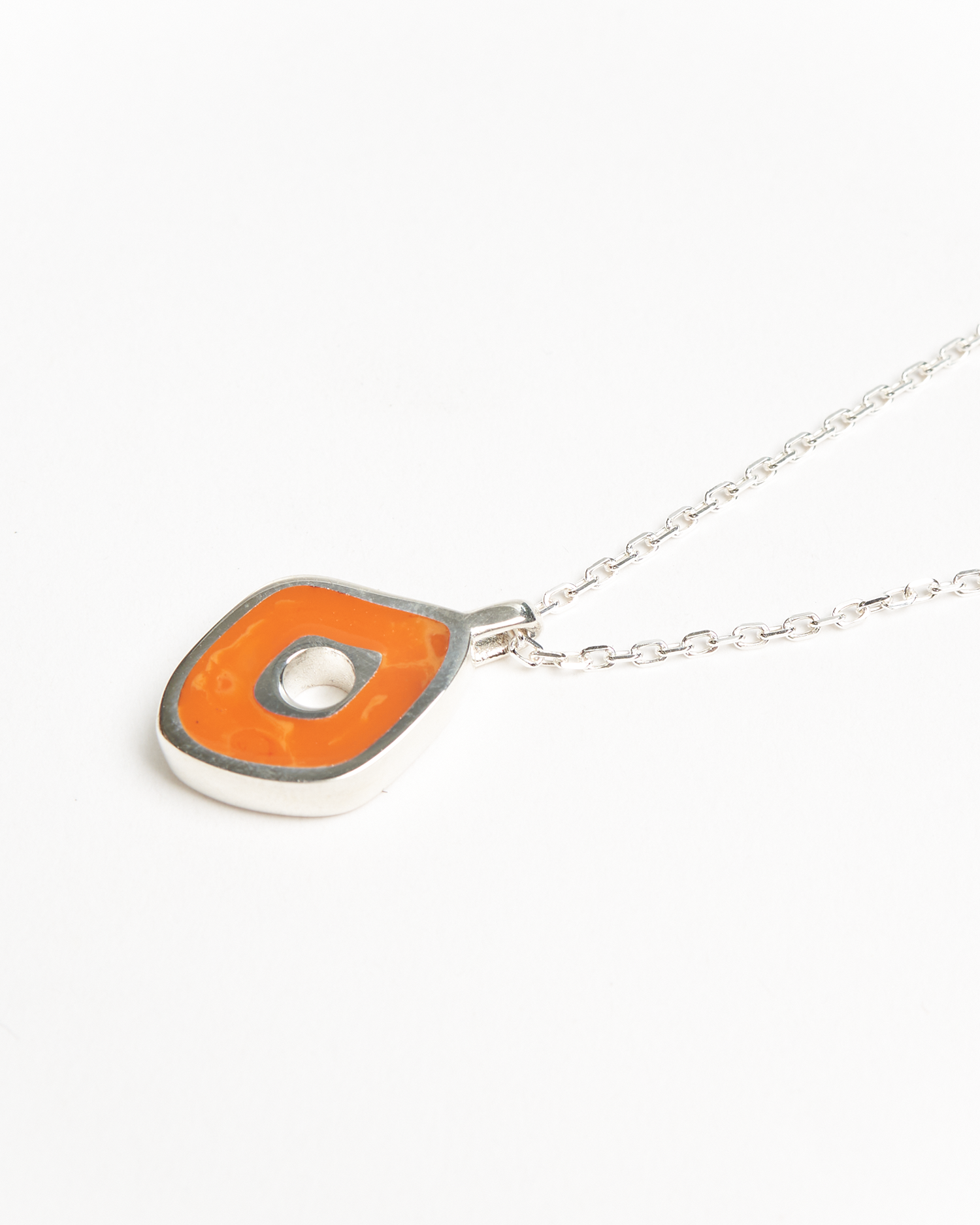 Irregular Pendant With Chain - 925 Sterling Silver / Orange Resin