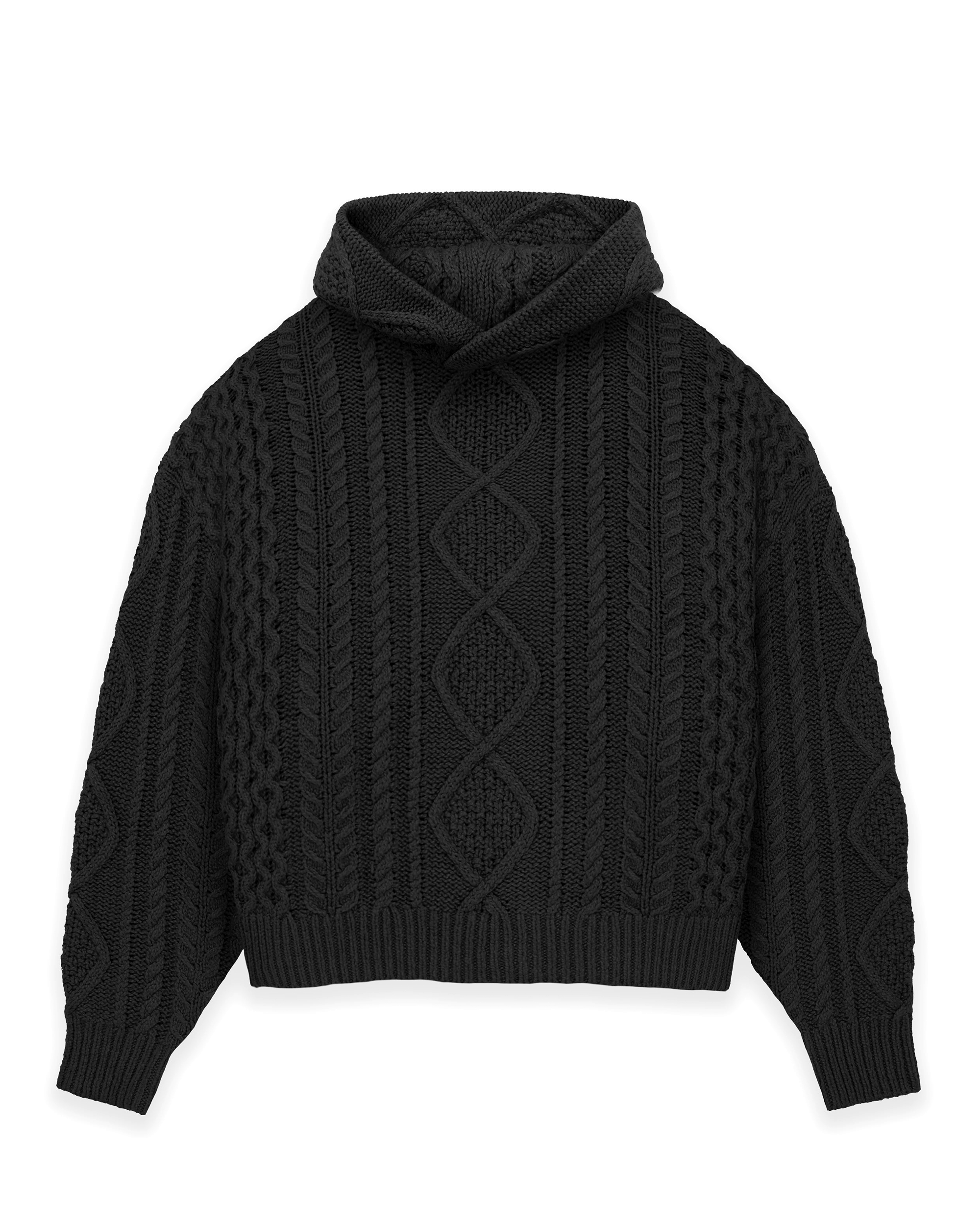 Hooded Cable Knit Sweater - Black