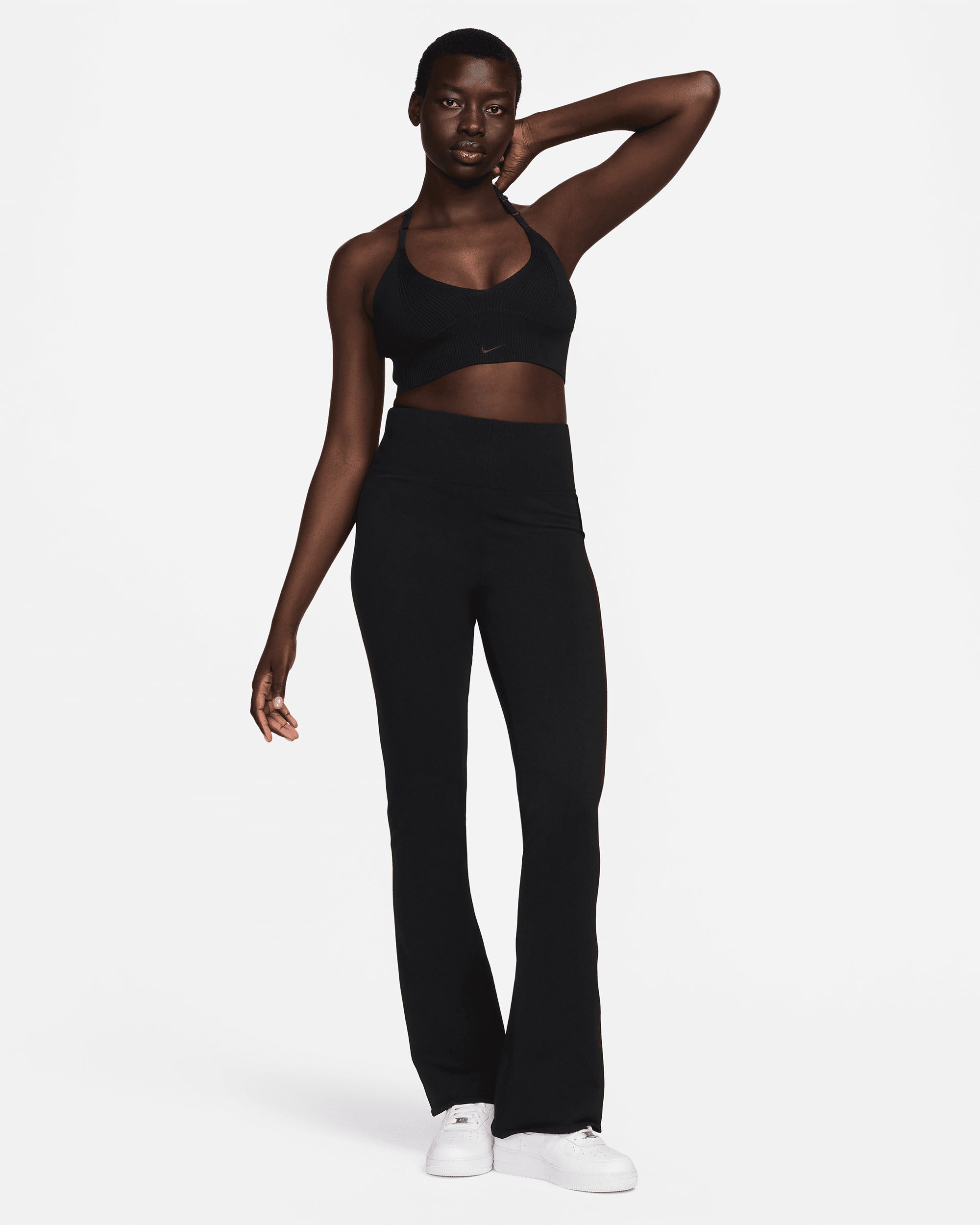 Women's Tight High-Waisted Jumper-Knit Flared Trousers - Black / Black