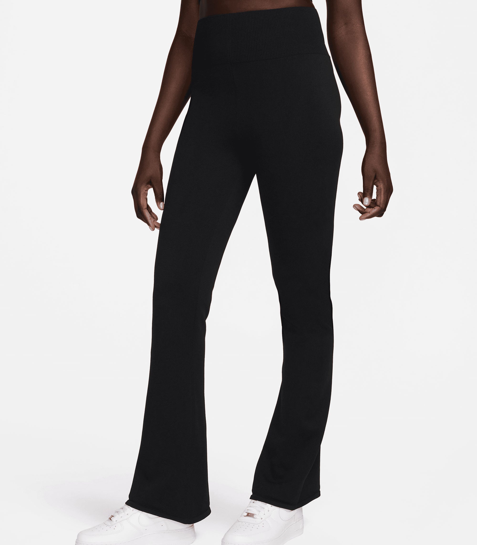 Women's Tight High-Waisted Jumper-Knit Flared Trousers - Black / Black