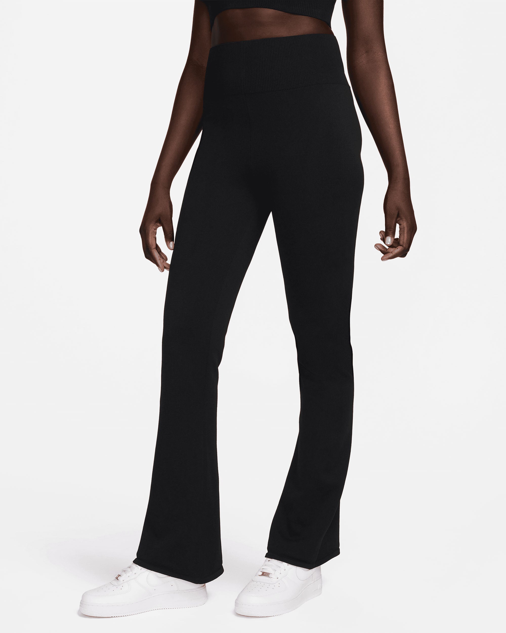 Women's Tight High-Waisted Jumper-Knit Flared Trousers - Black / Black