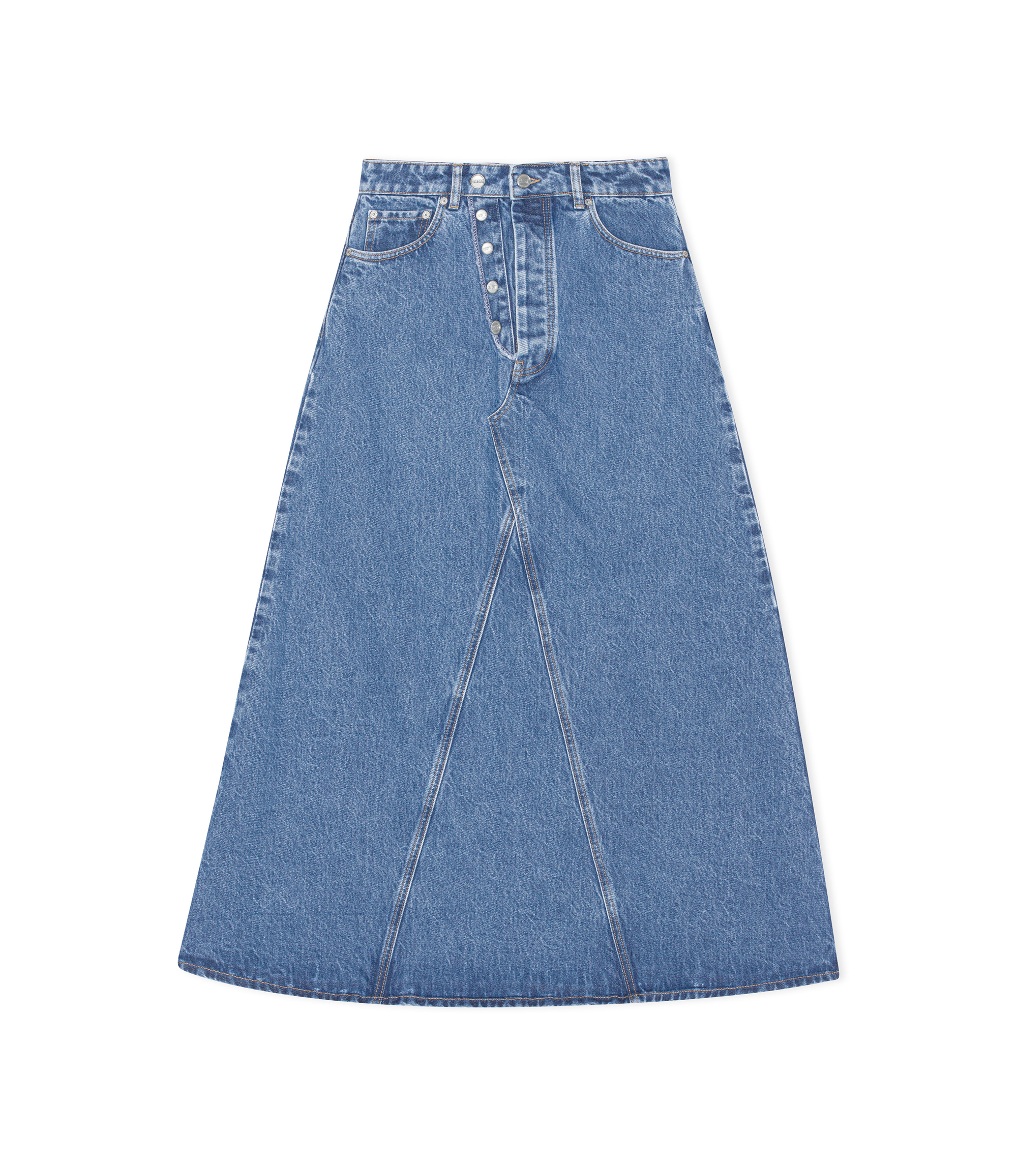 Overdyed Cutline Denim Double Fly Maxi Skirt - Blue