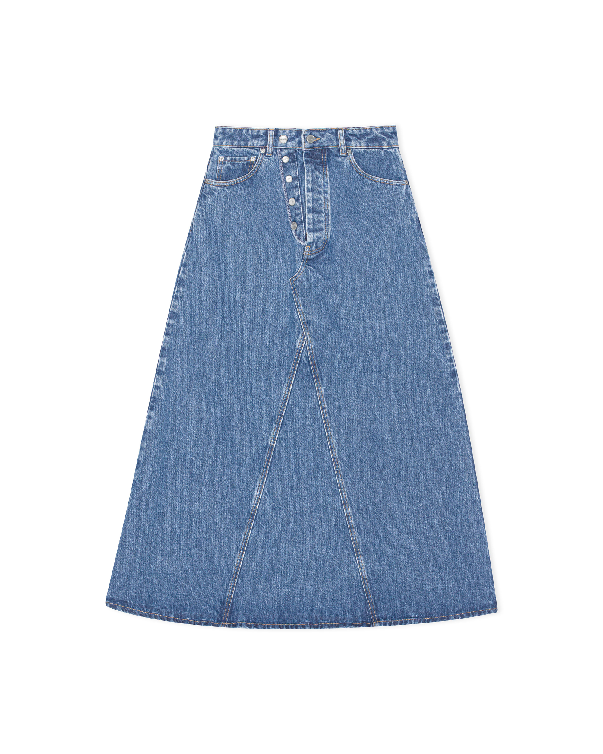 Overdyed Cutline Denim Double Fly Maxi Skirt - Blue