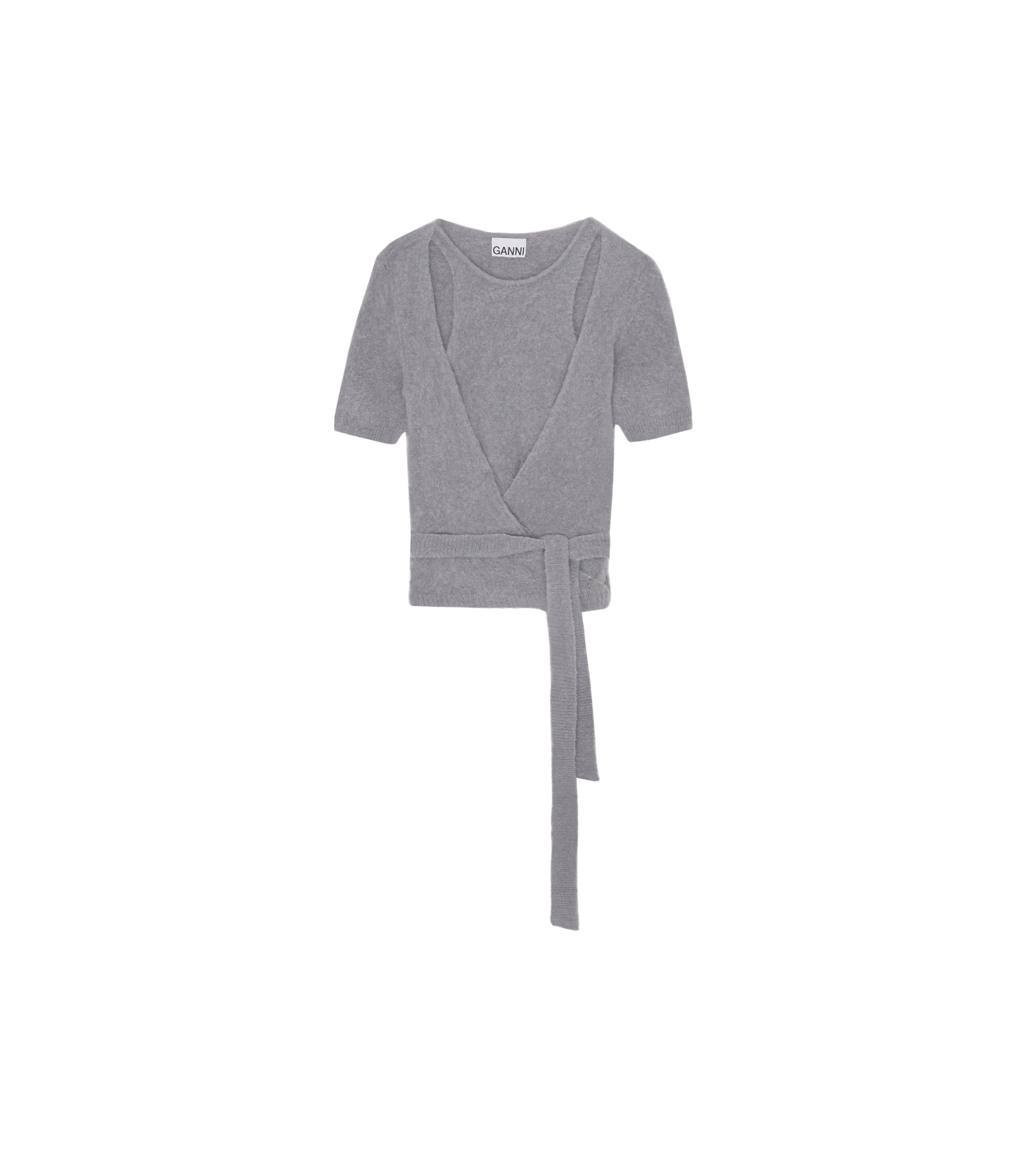 Brushed Alpaca Short Sleeve Wrap Blouse - Grey