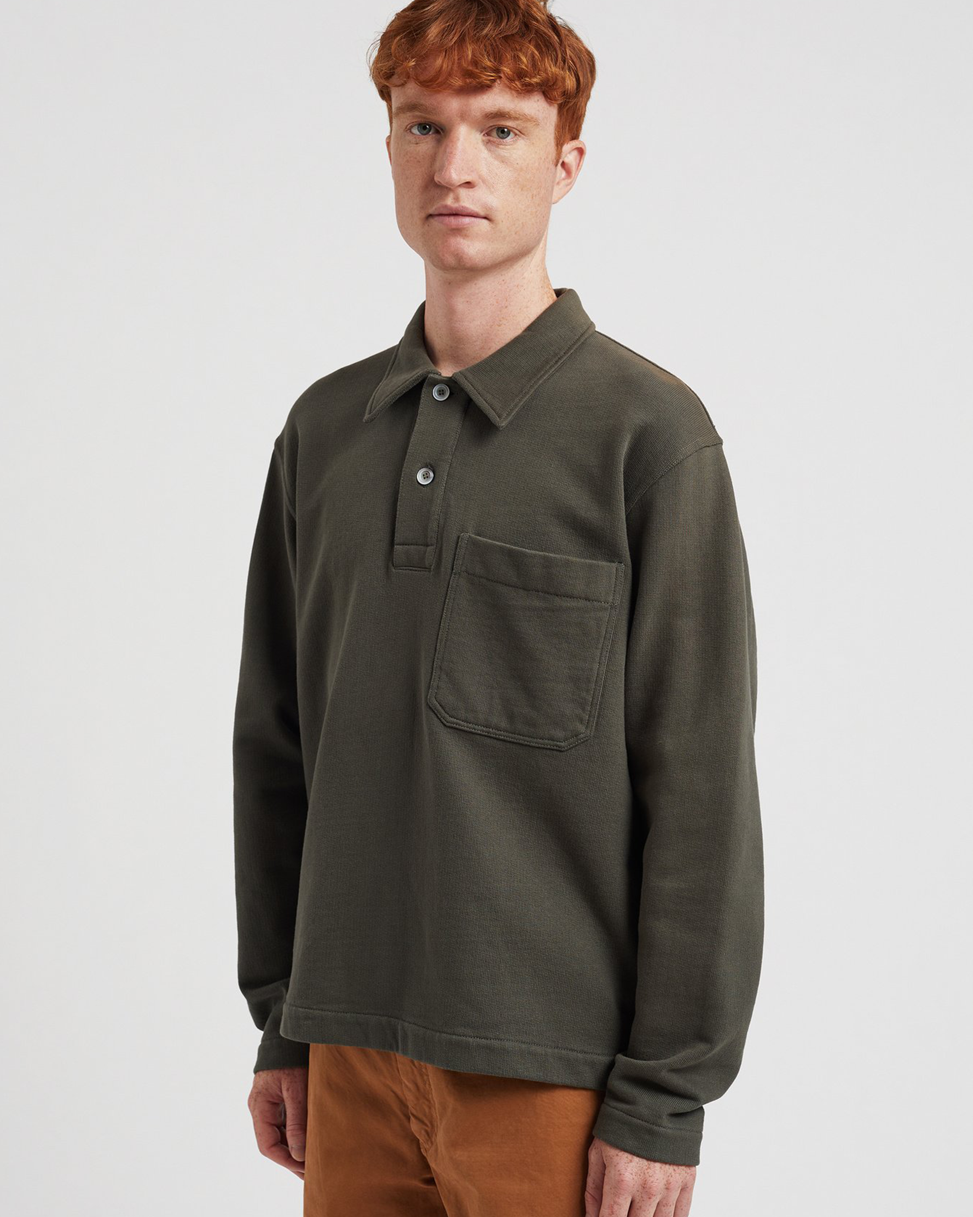 Fraser Relaxed Organic Loopback LS Polo - Black Olive