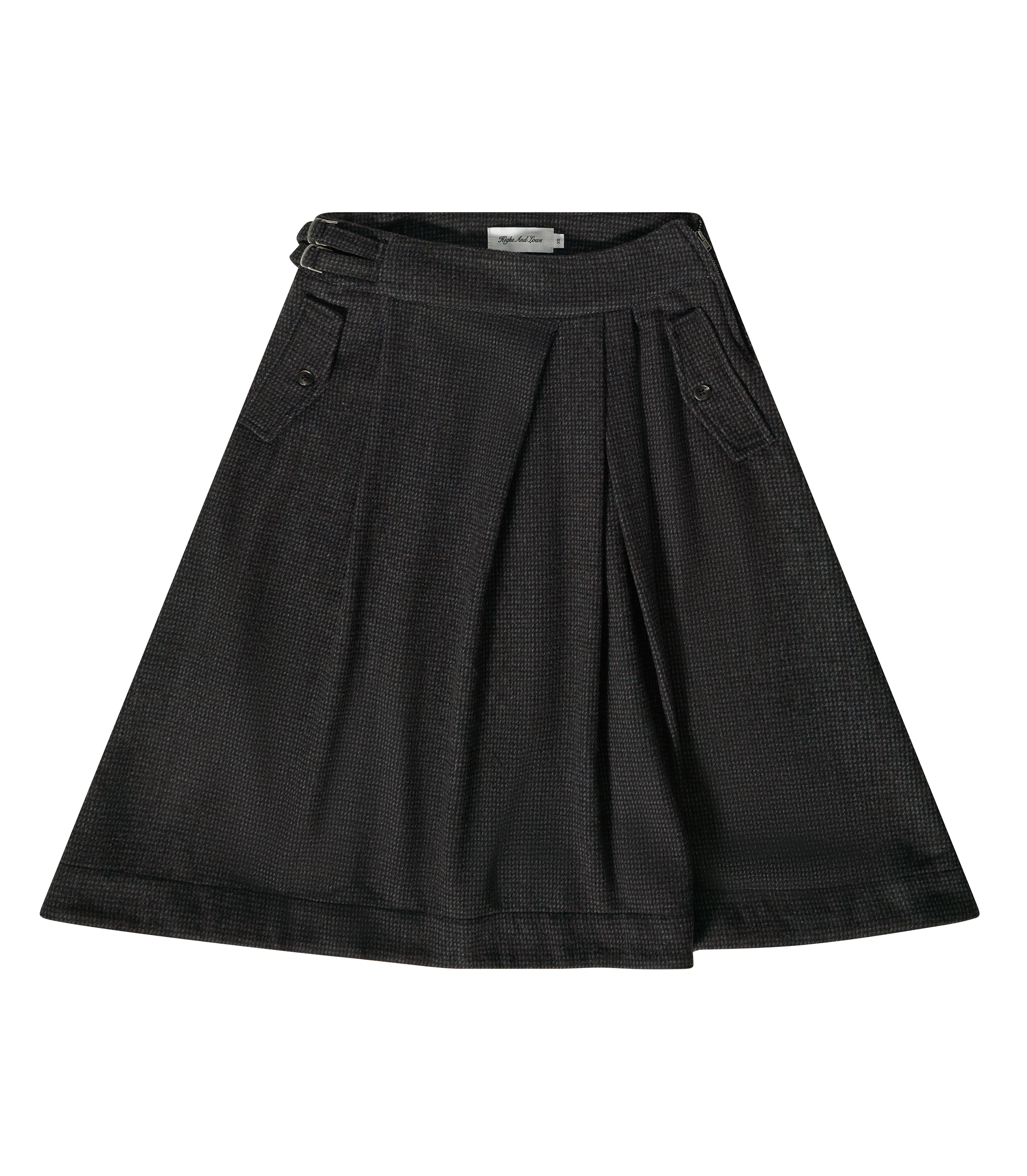 Pleated Wool Buckle Skirt - Brown / Blue
