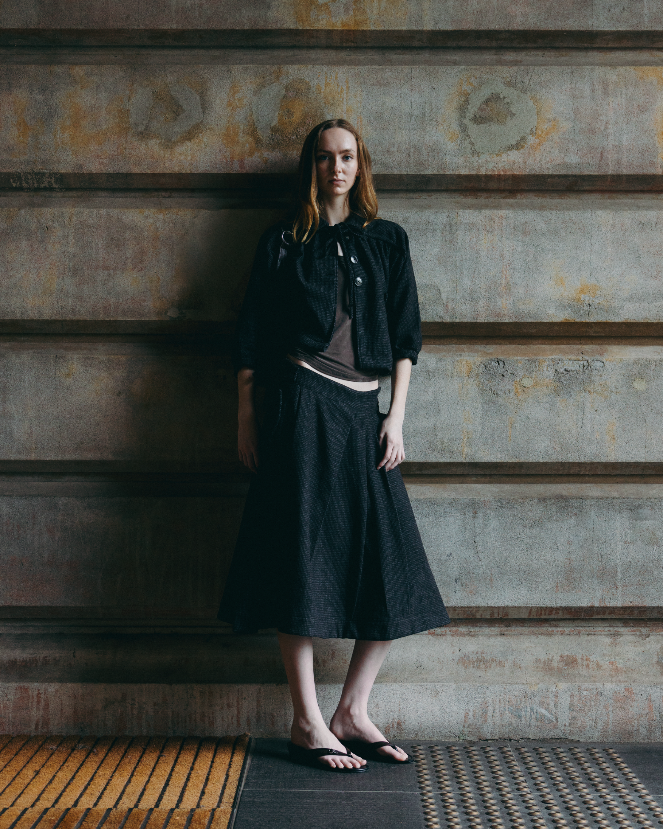 Pleated Wool Buckle Skirt - Brown / Blue