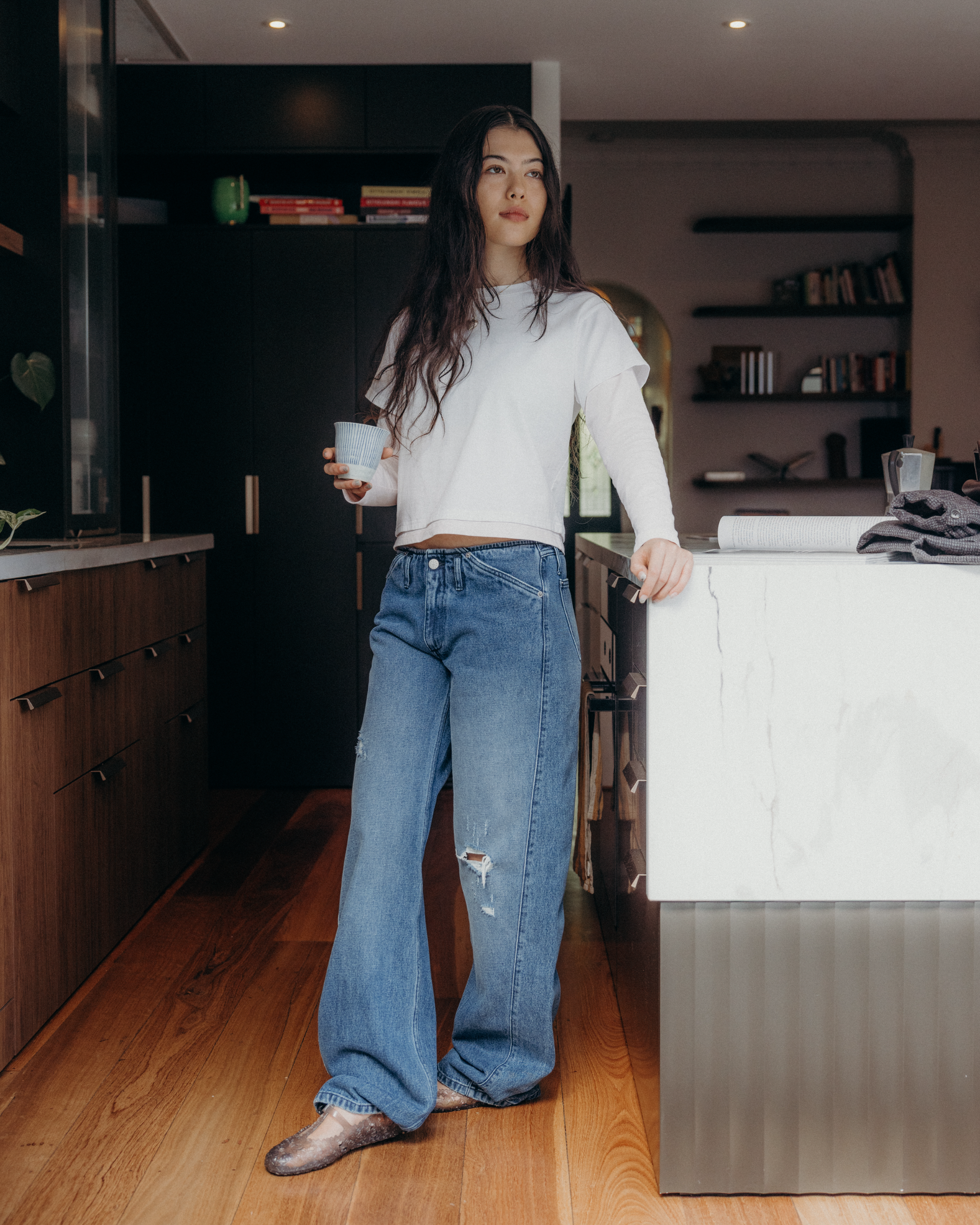 Layered L/S T-shirt - White / Soft Blush