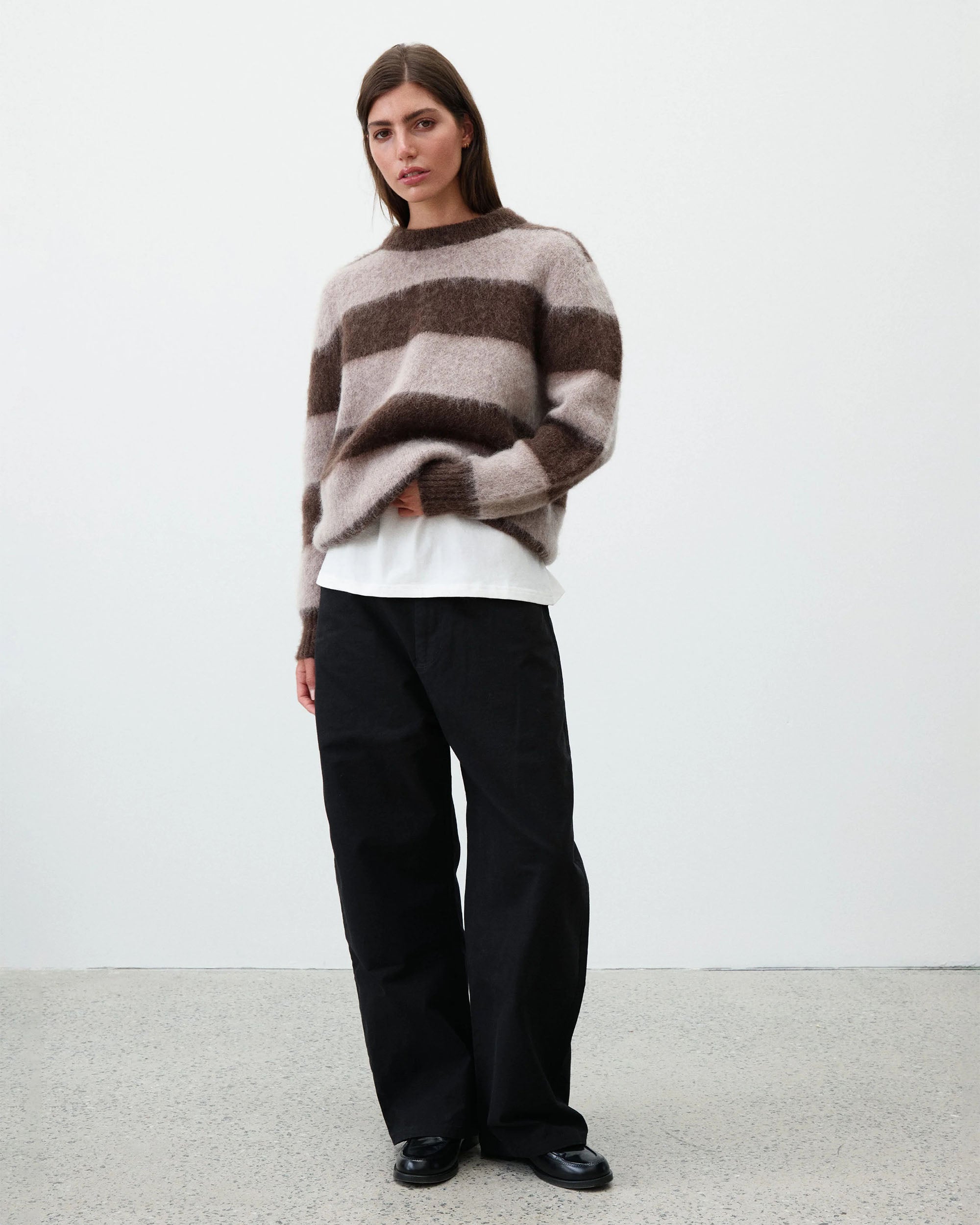 Wool Mohair Stripe Knit Sweater - Mocha