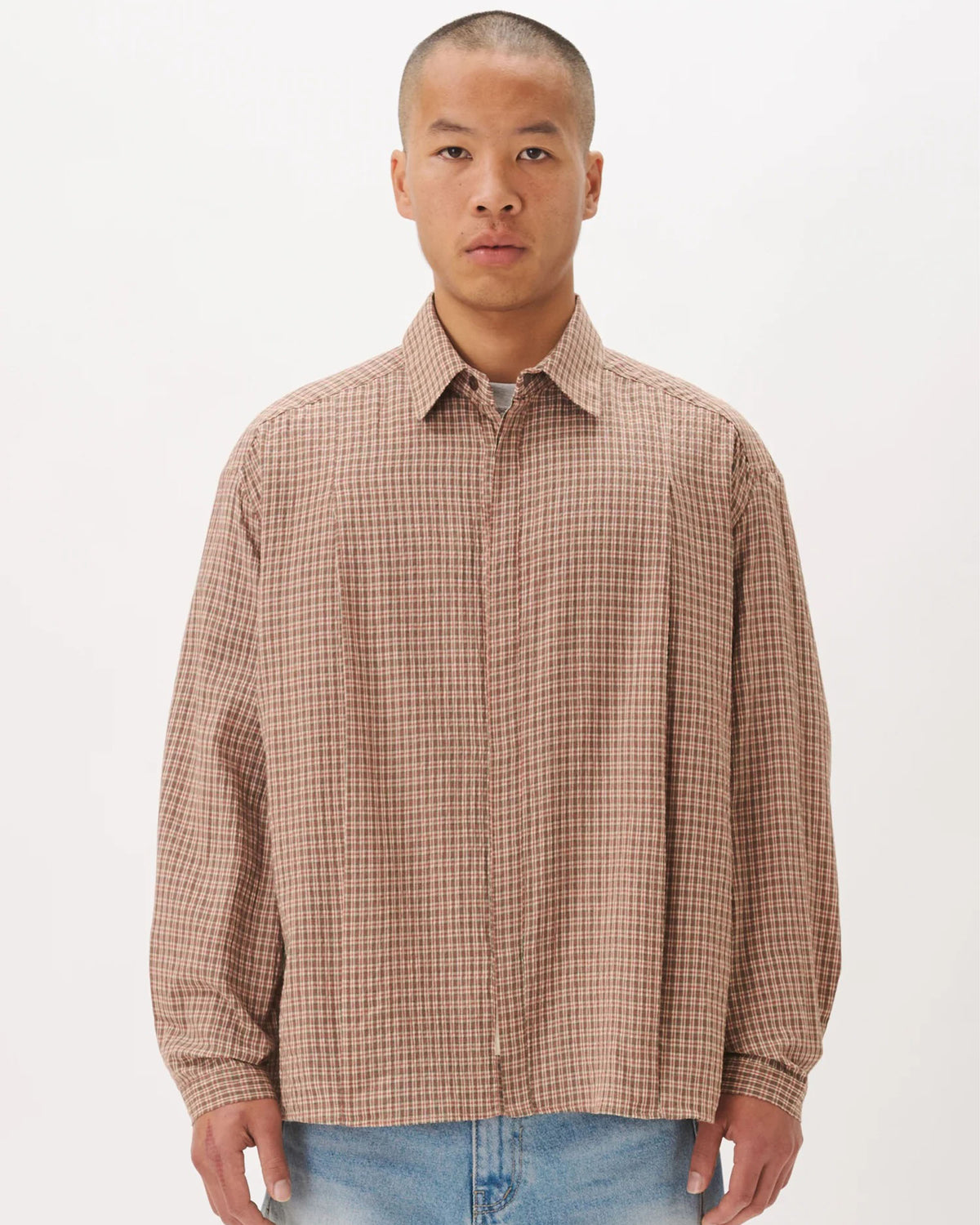 Boxy Pleated Shirt - Red Checkered
