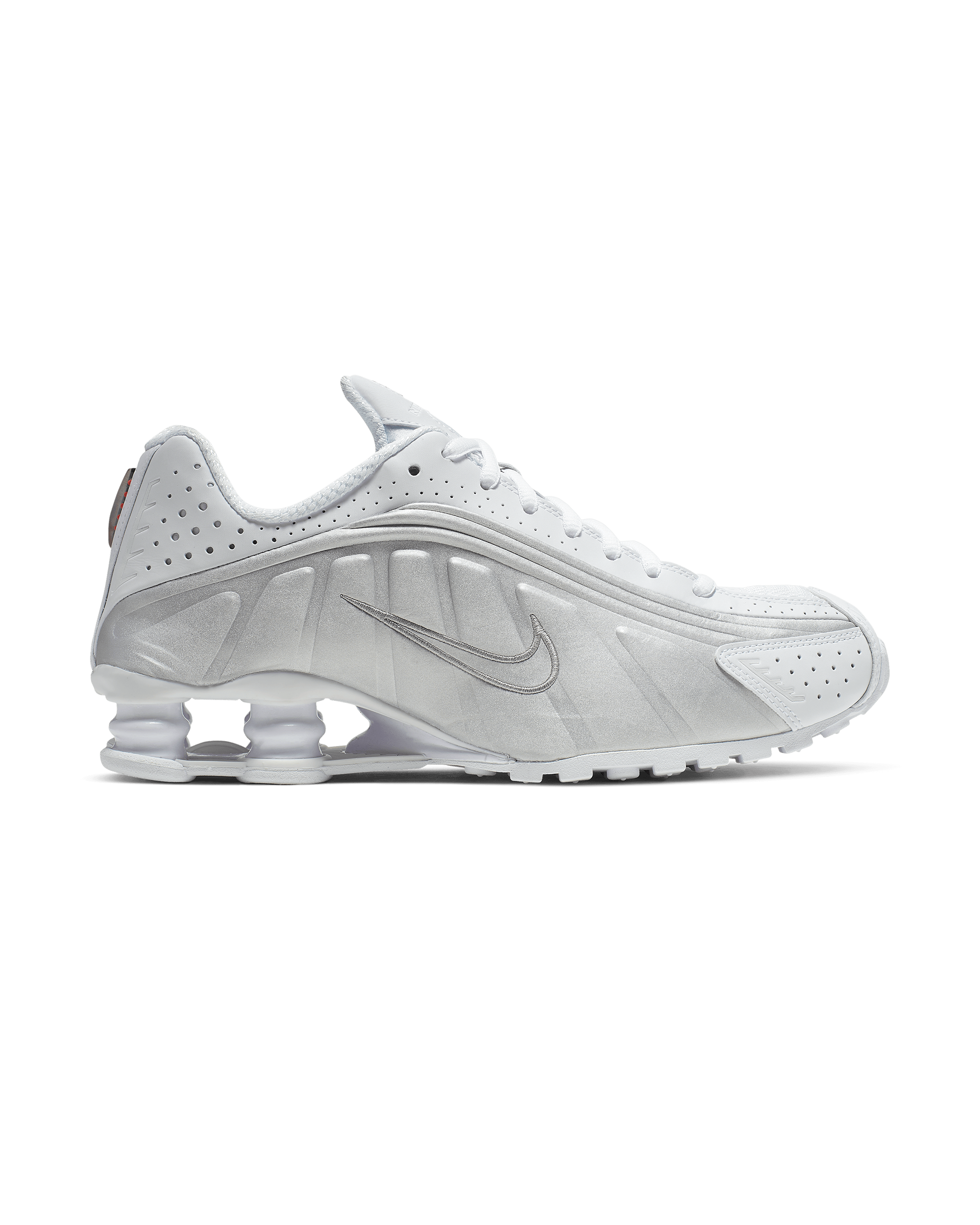 Womens Nike Shox R4 - White / Metallic Silver / Max Orange