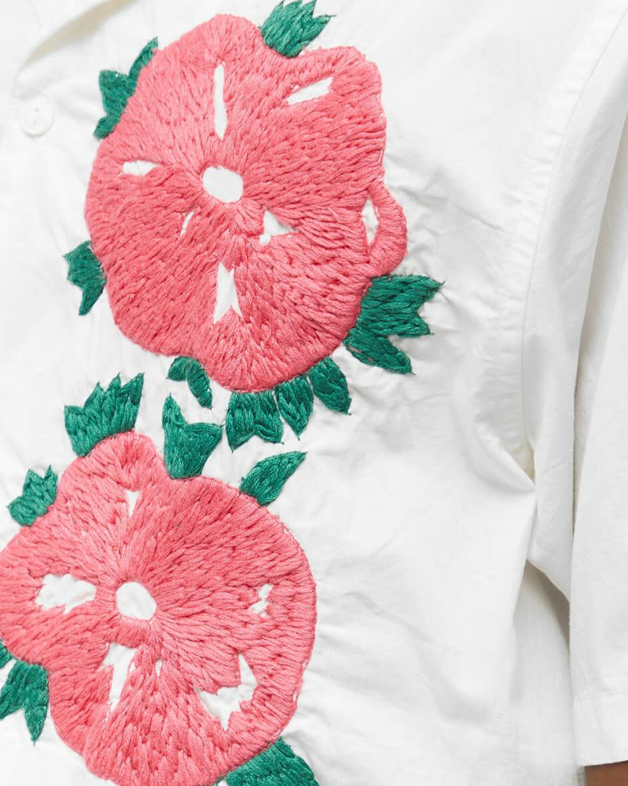 Flower & Cactus Hand Embroidery Shirt - White