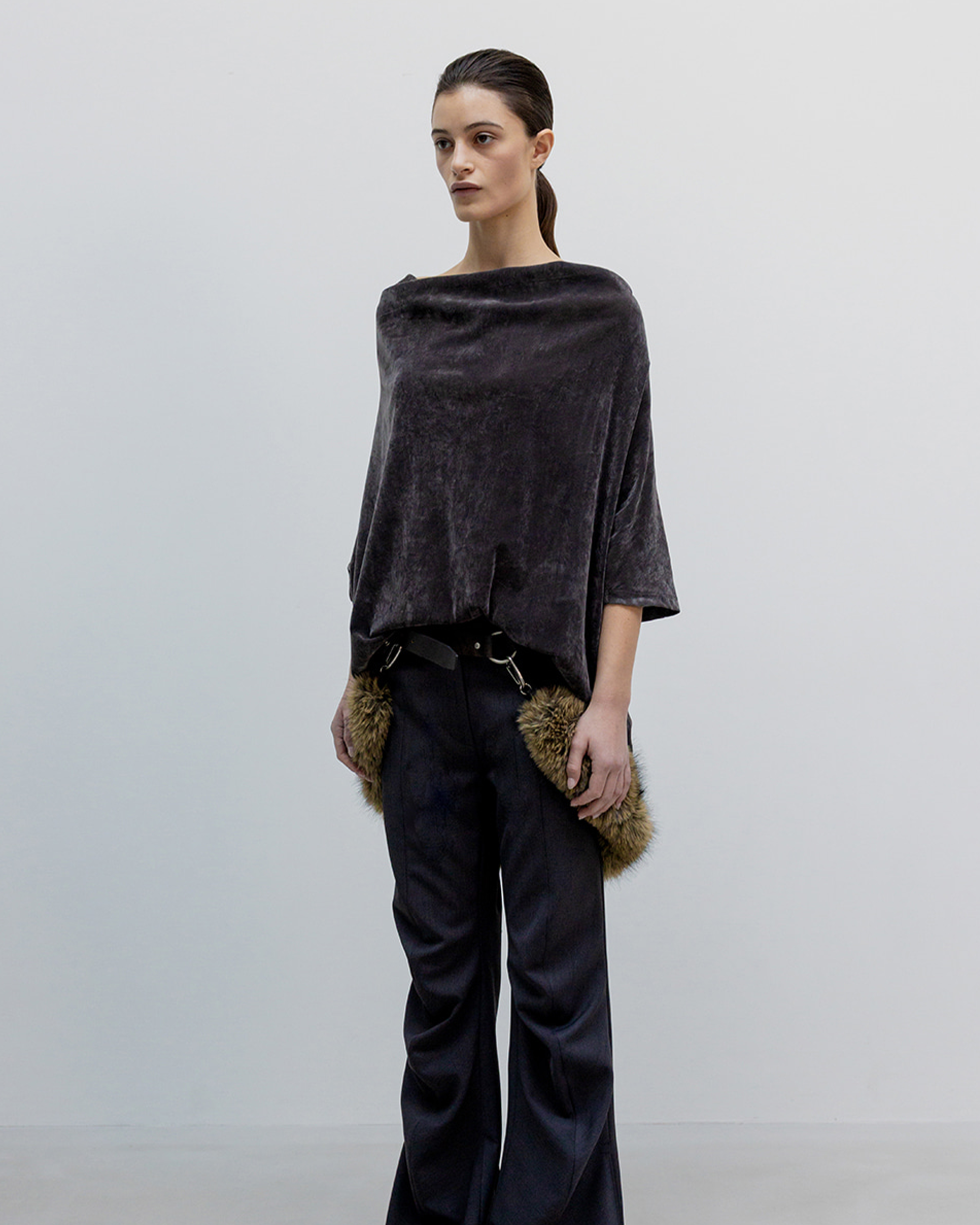 Velvet Cowl Neck T-Shirt - Charcoal