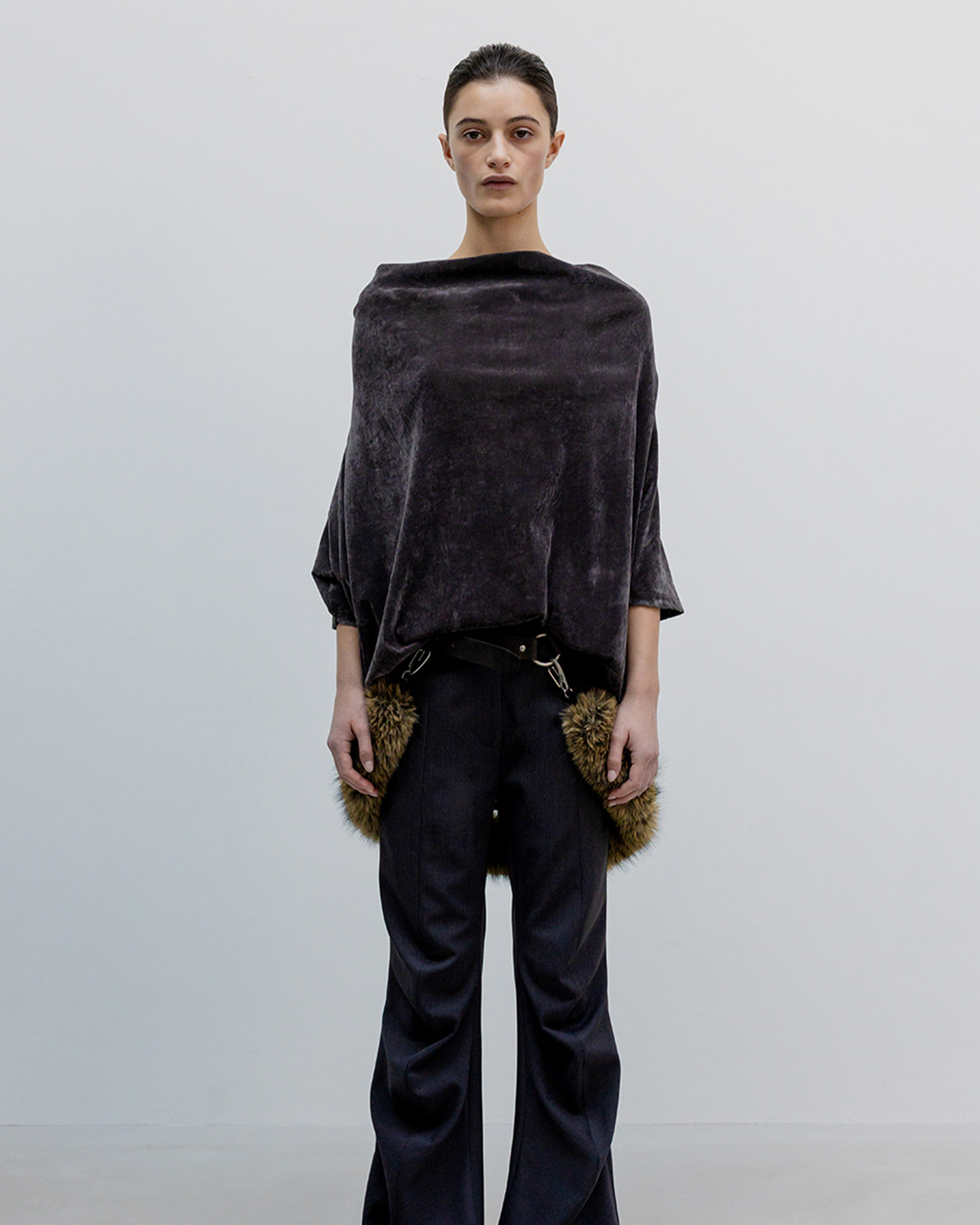 Velvet Cowl Neck T-Shirt - Charcoal