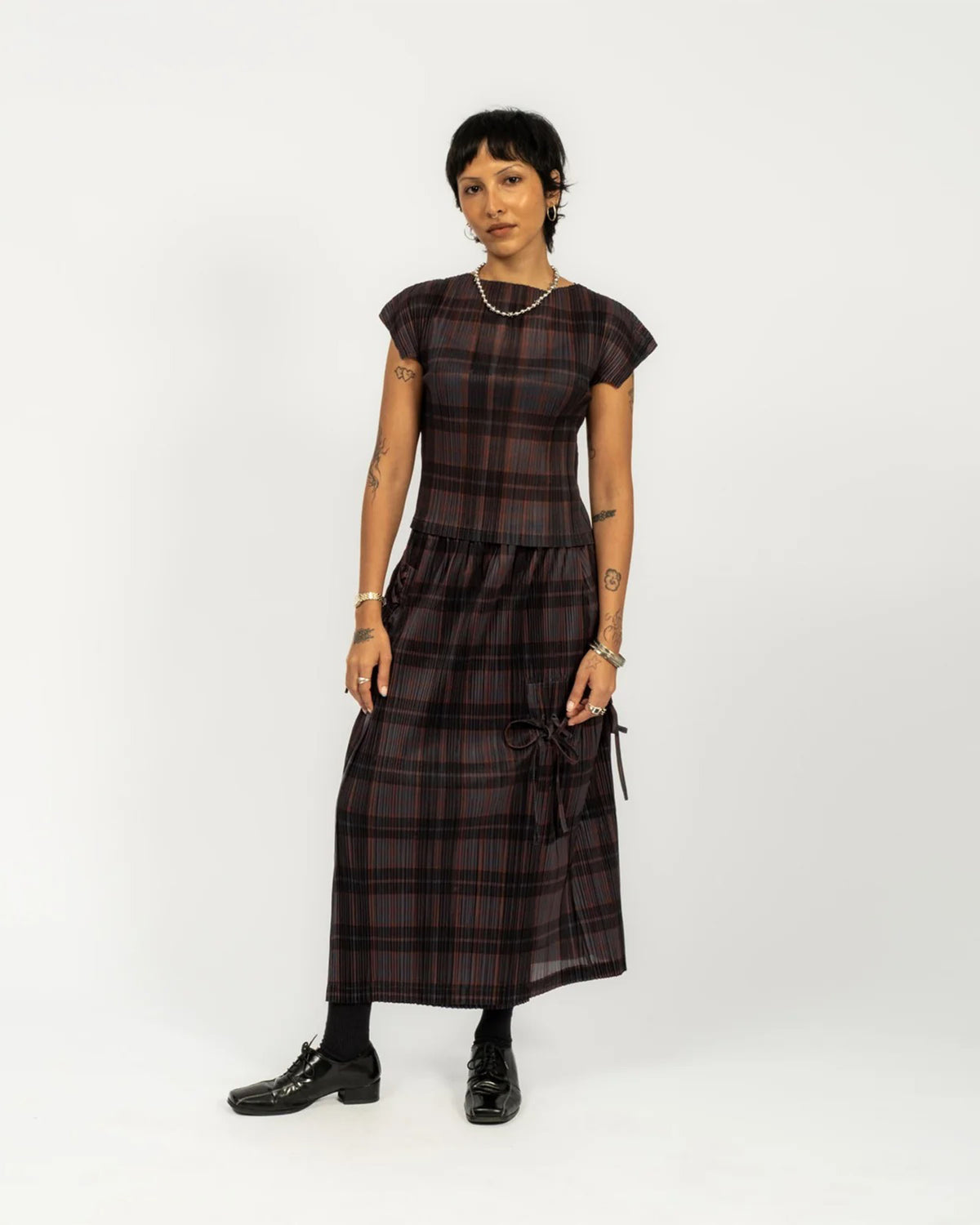 Bodhi Pleated Long Skirt - Grey Check