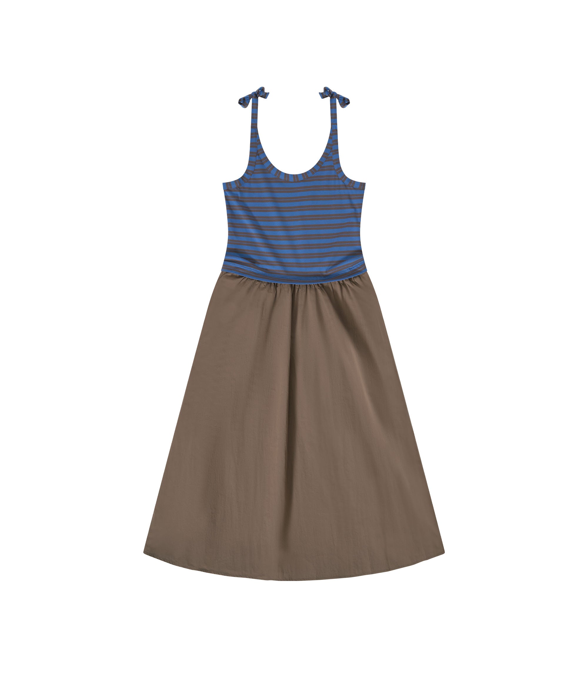 Gather Skirt Dress - Brown / Blue