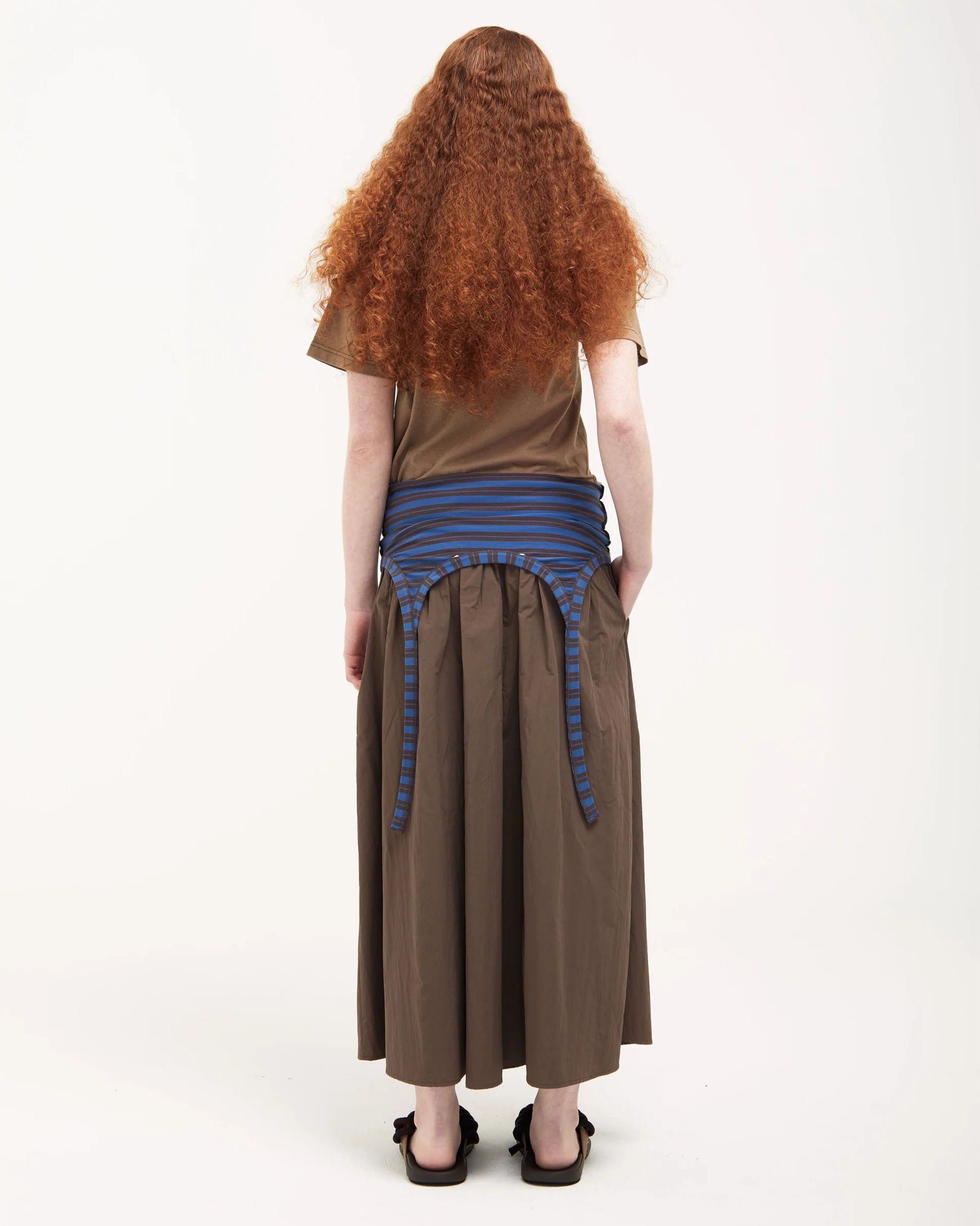 Gather Skirt Dress - Brown / Blue