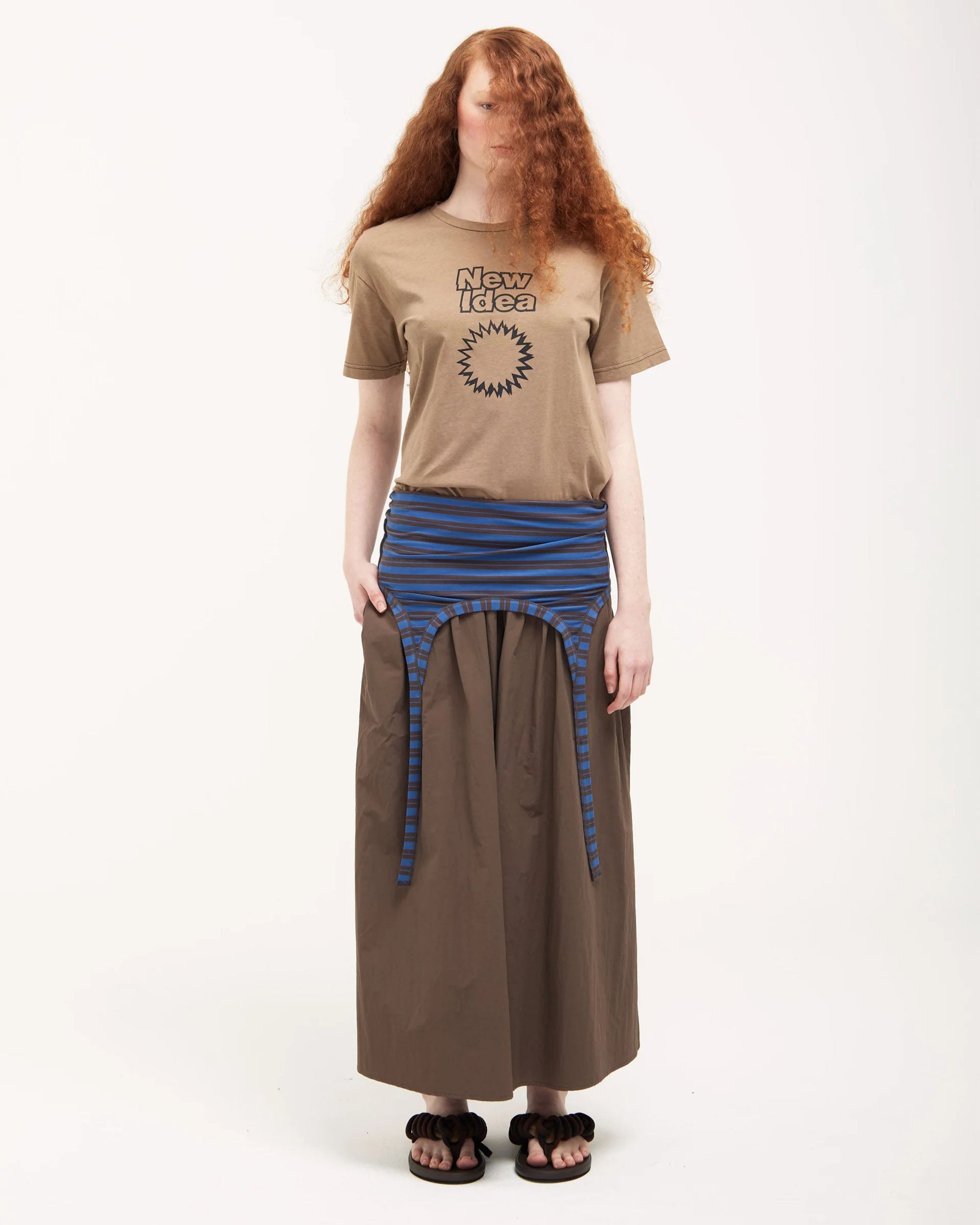 Gather Skirt Dress - Brown / Blue