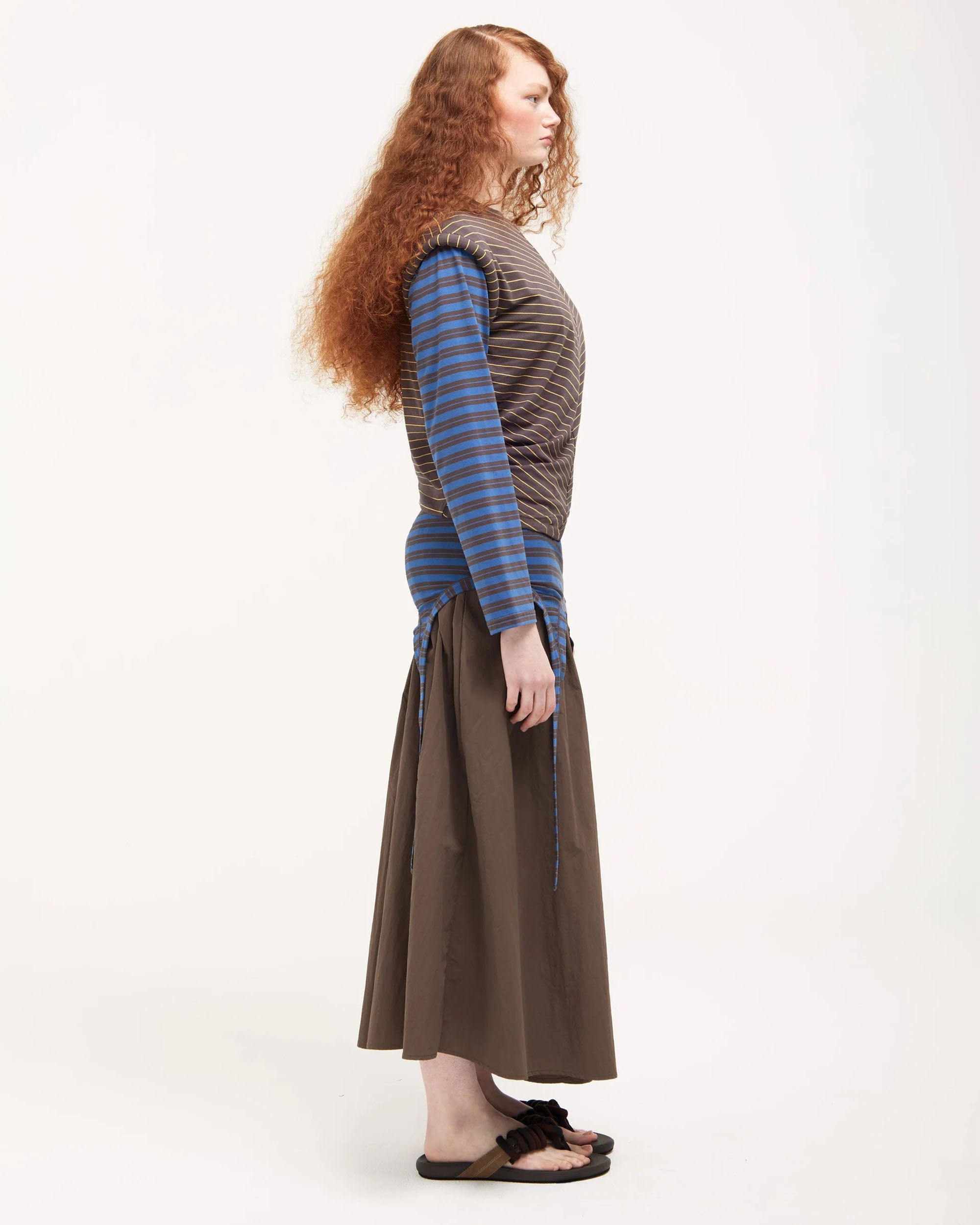 Gather Skirt Dress - Brown / Blue