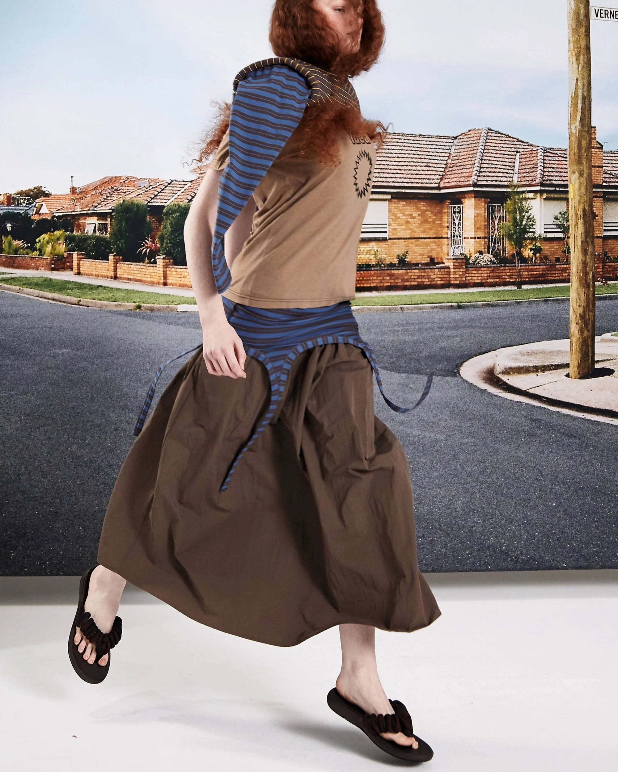 Gather Skirt Dress - Brown / Blue