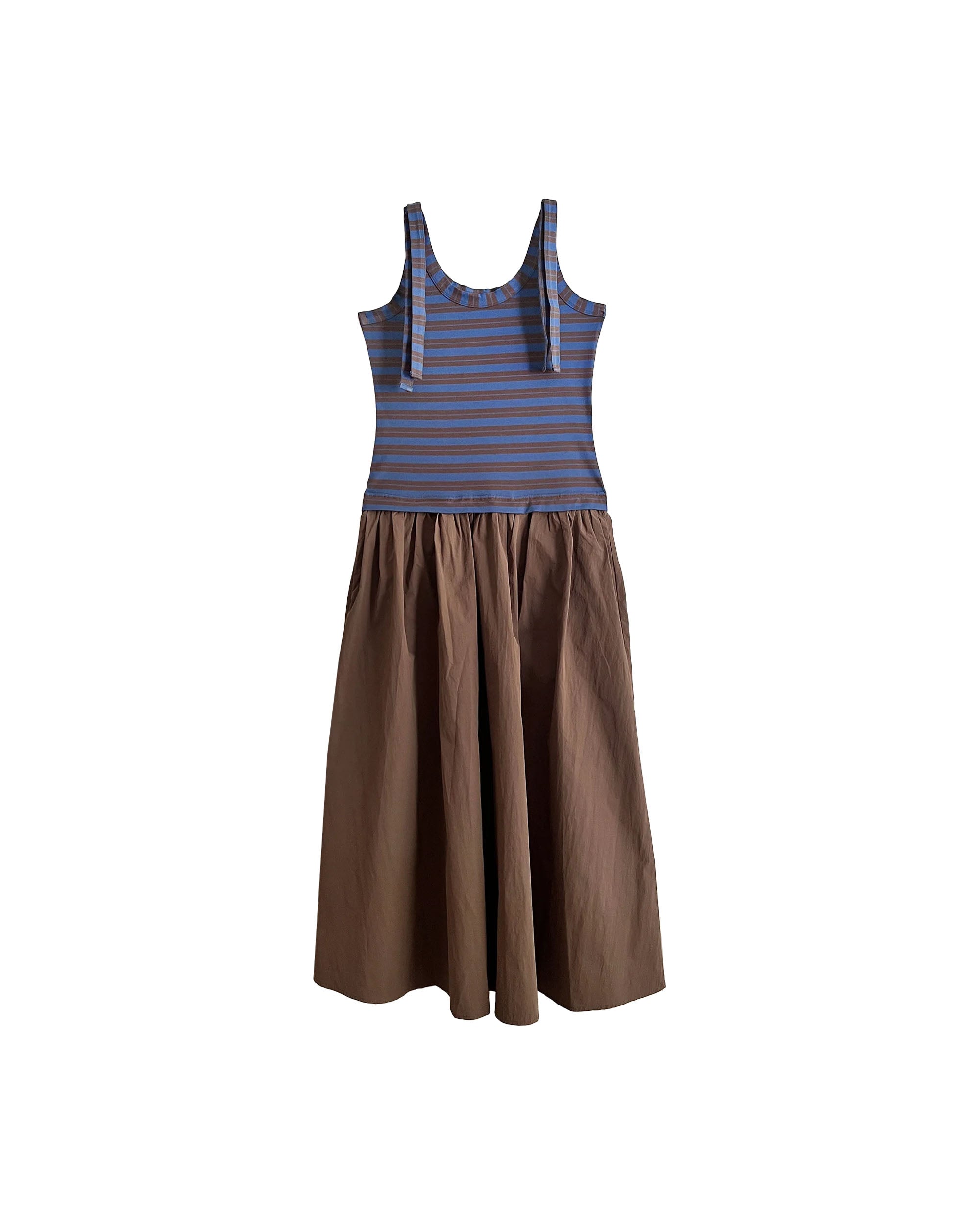Gather Skirt Dress - Brown / Blue