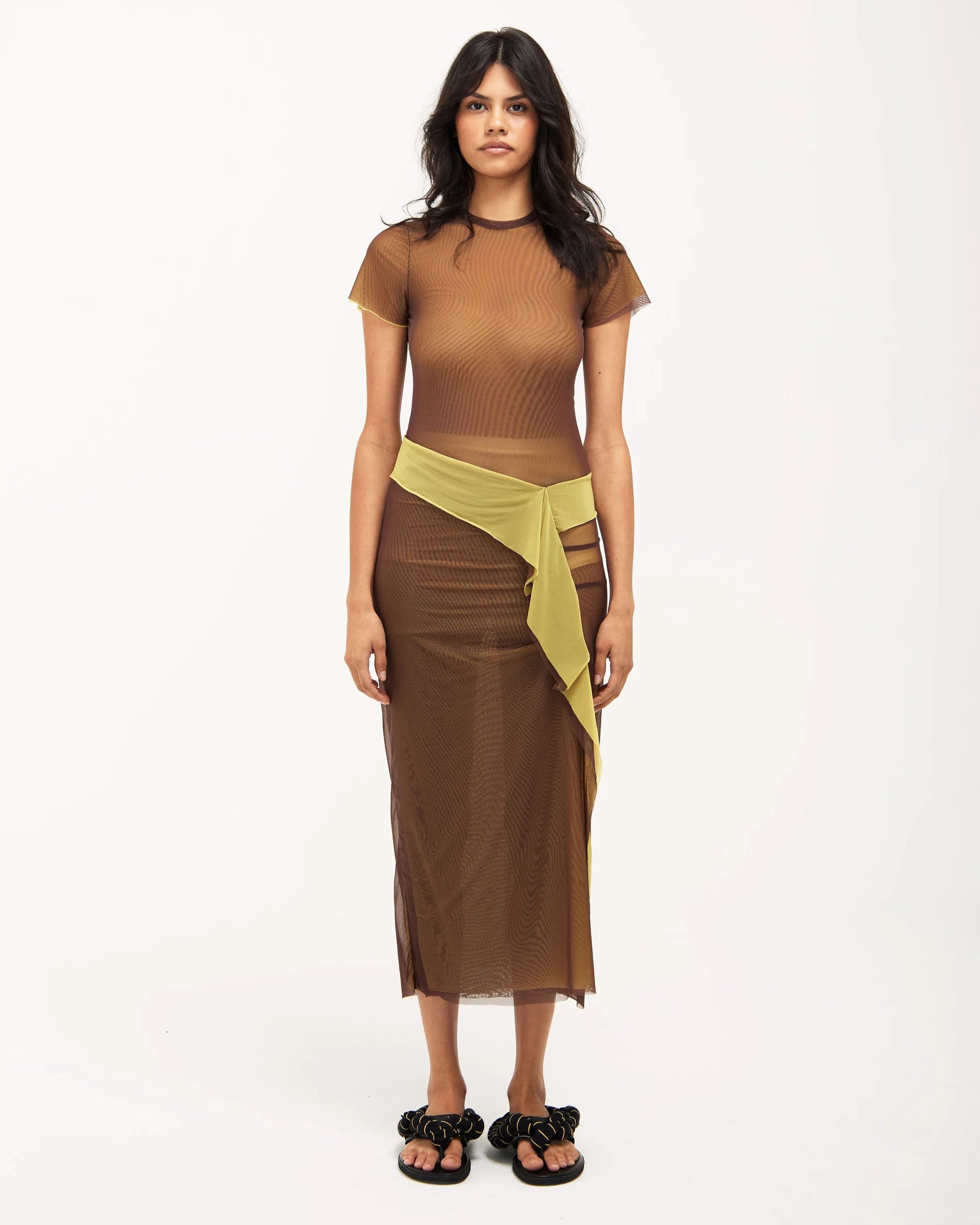 Double Layer Mesh Dress - Brown / Yellow