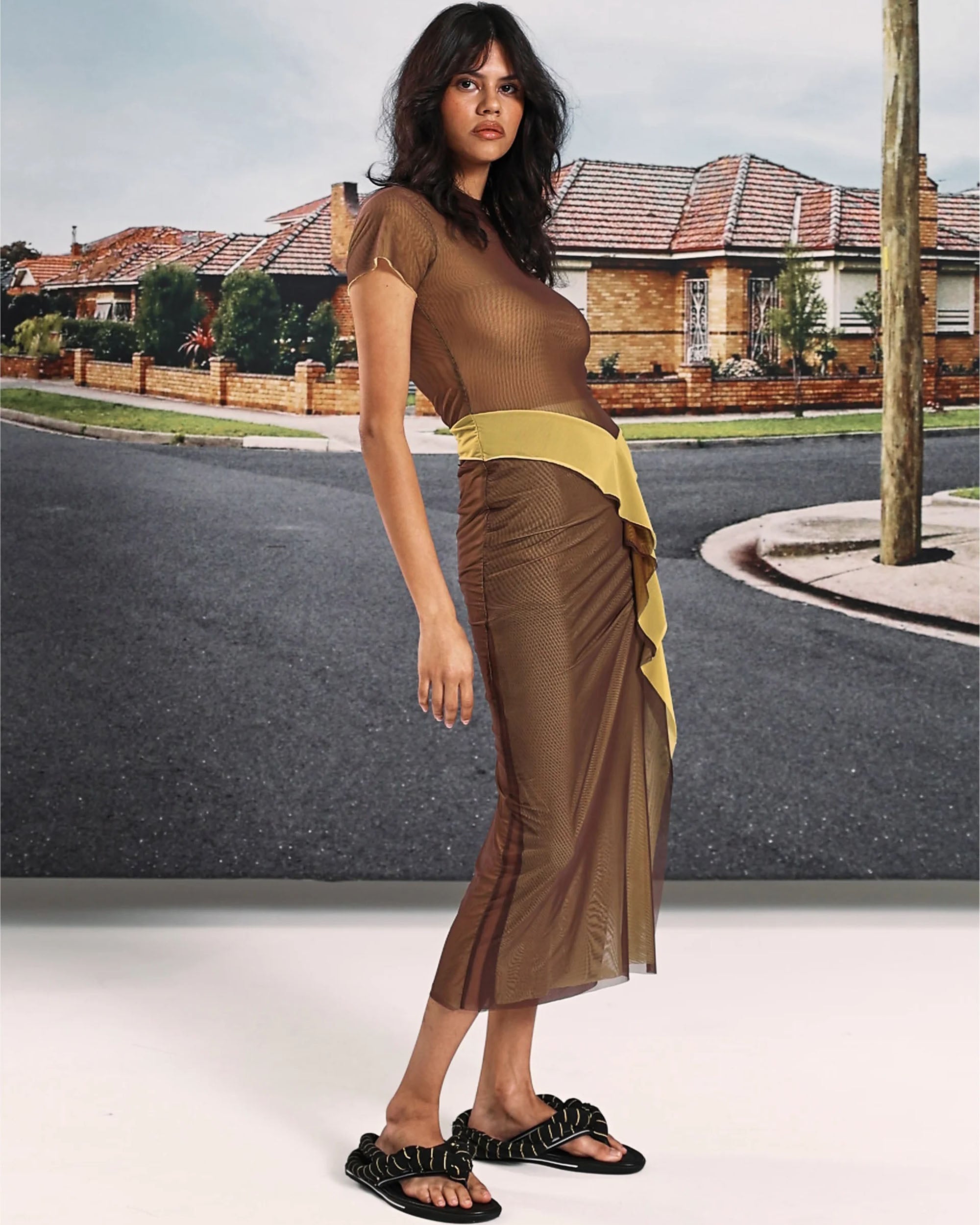 Double Layer Mesh Dress - Brown / Yellow