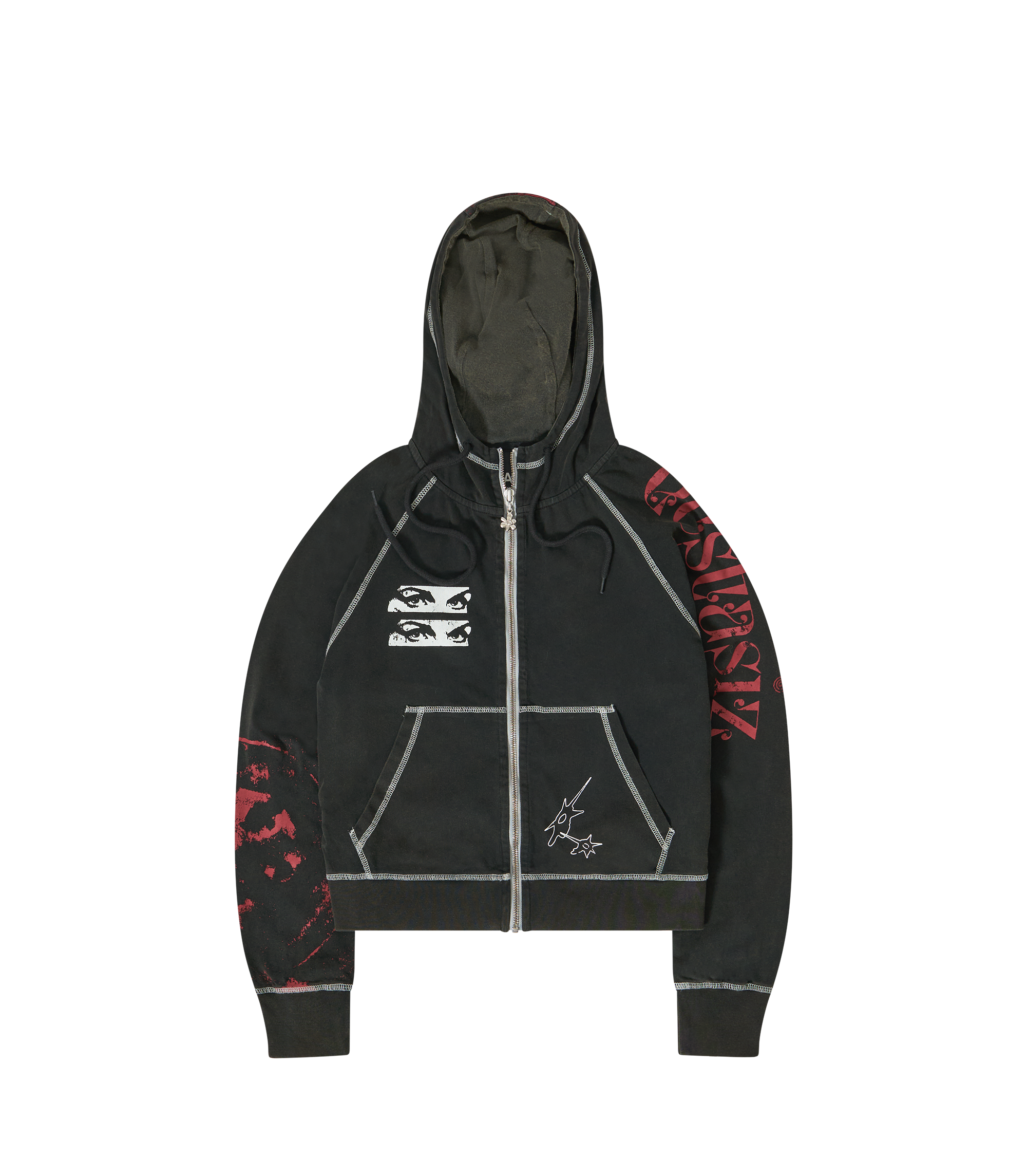 Celestial Equator Hooded Zip Jacket - Black Wash / Deep Red