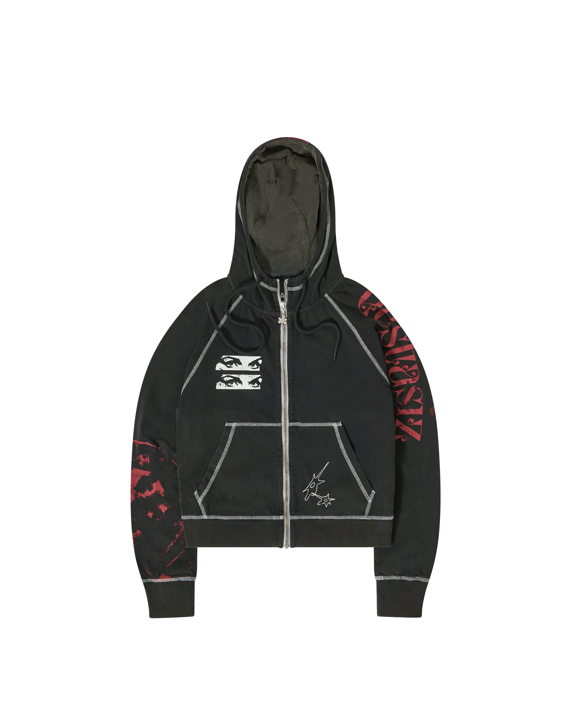 Celestial Equator Hooded Zip Jacket - Black Wash / Deep Red