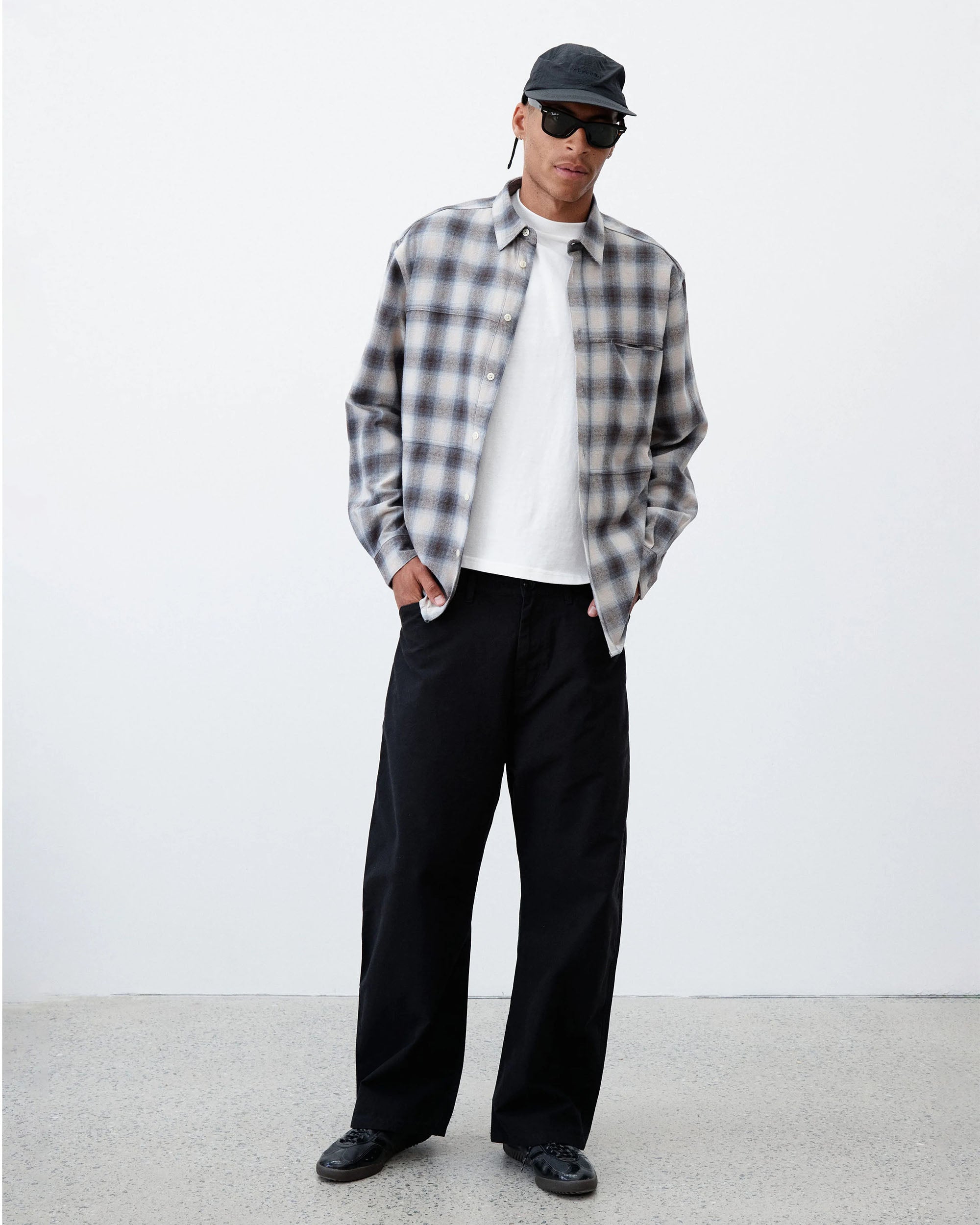 Plaid Panel Flannel Shirt - Beige / Blue