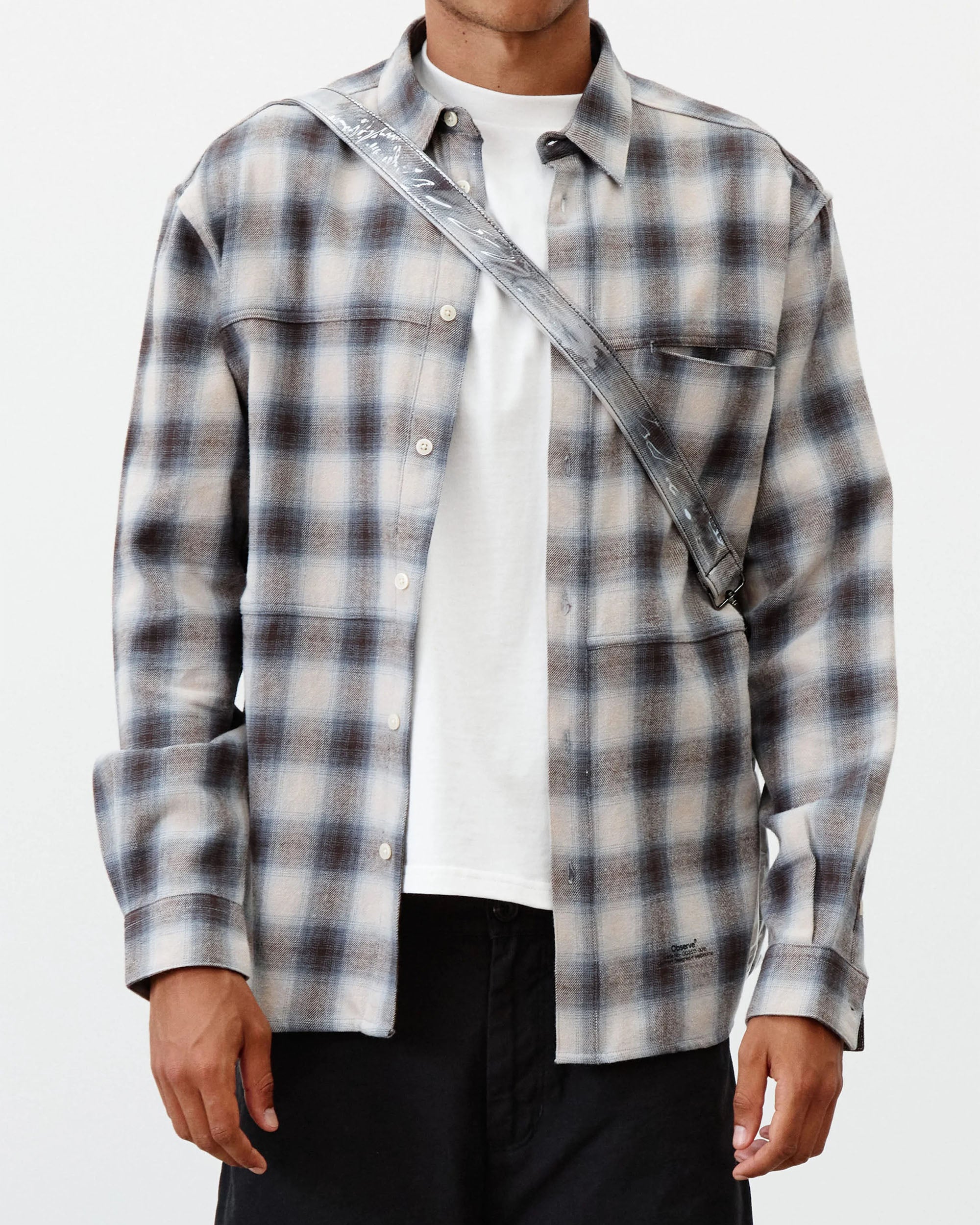 Plaid Panel Flannel Shirt - Beige / Blue