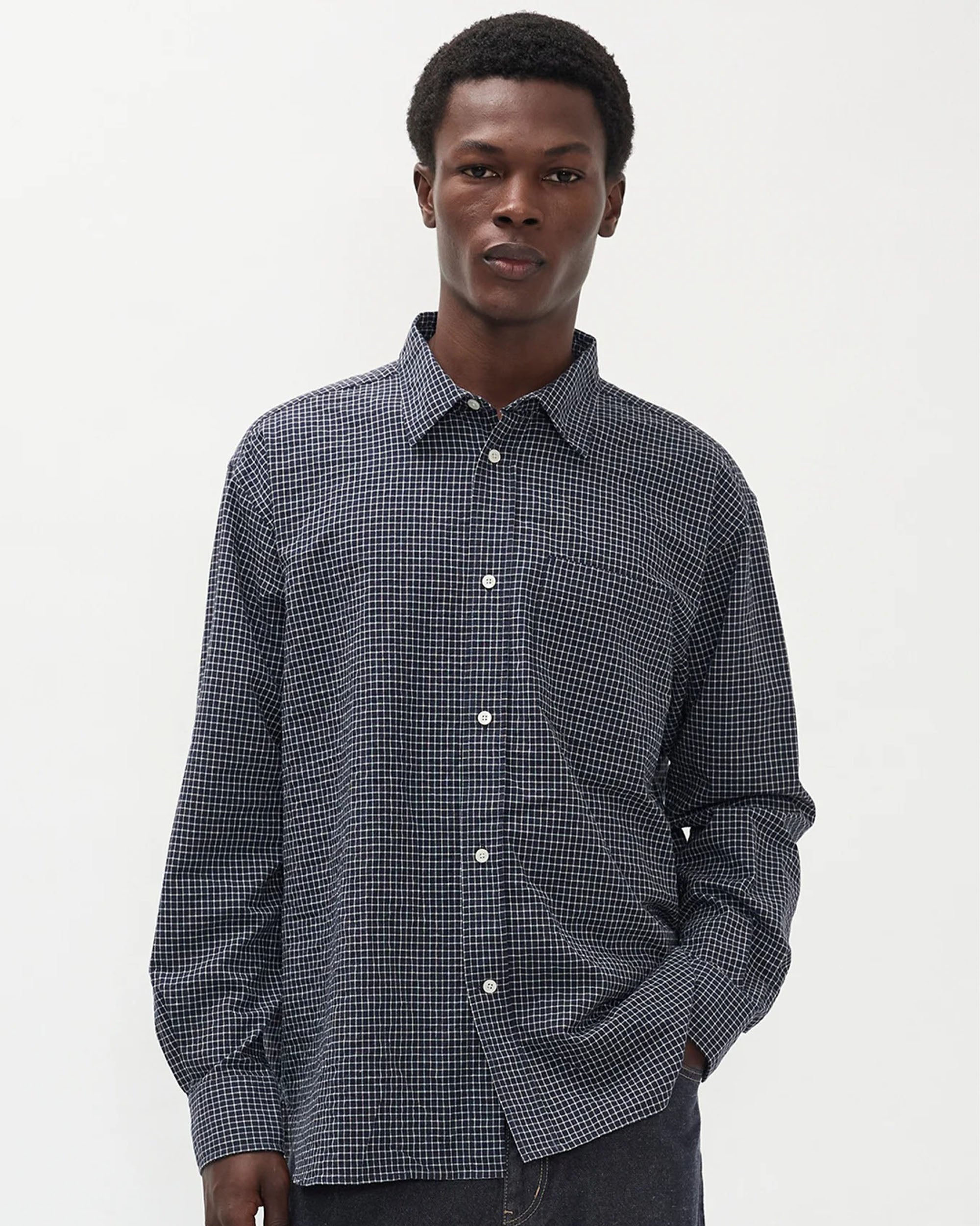 Espevik Check Oversized L/S Shirt - Dark Navy
