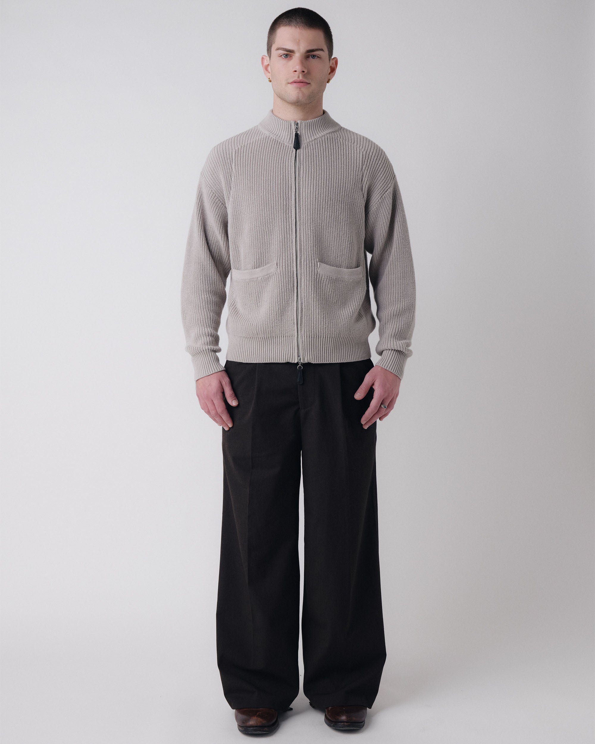 Pennant Knit Zip Cardigan - Slate Grey