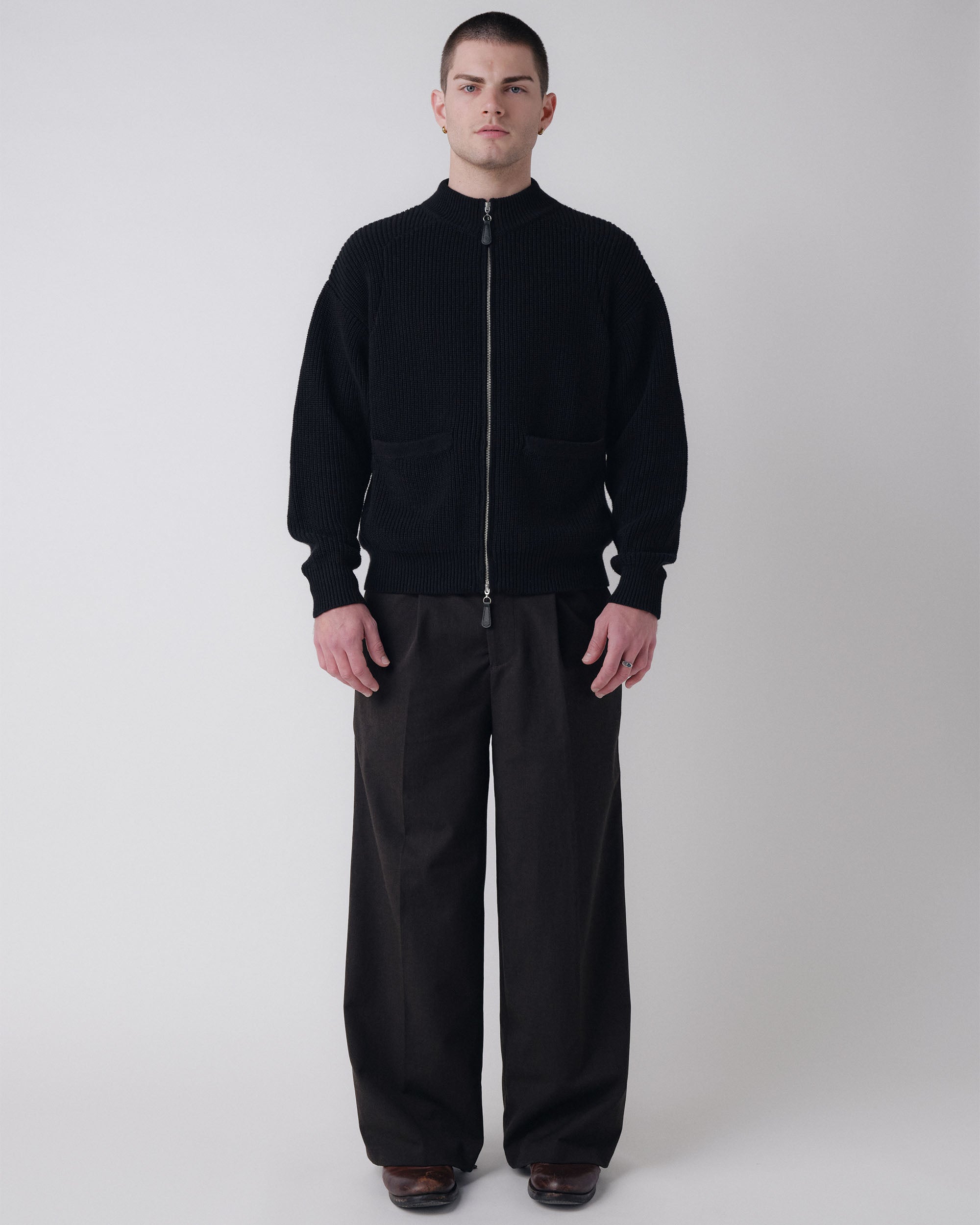 Pennant Knit Zip Cardigan - Black