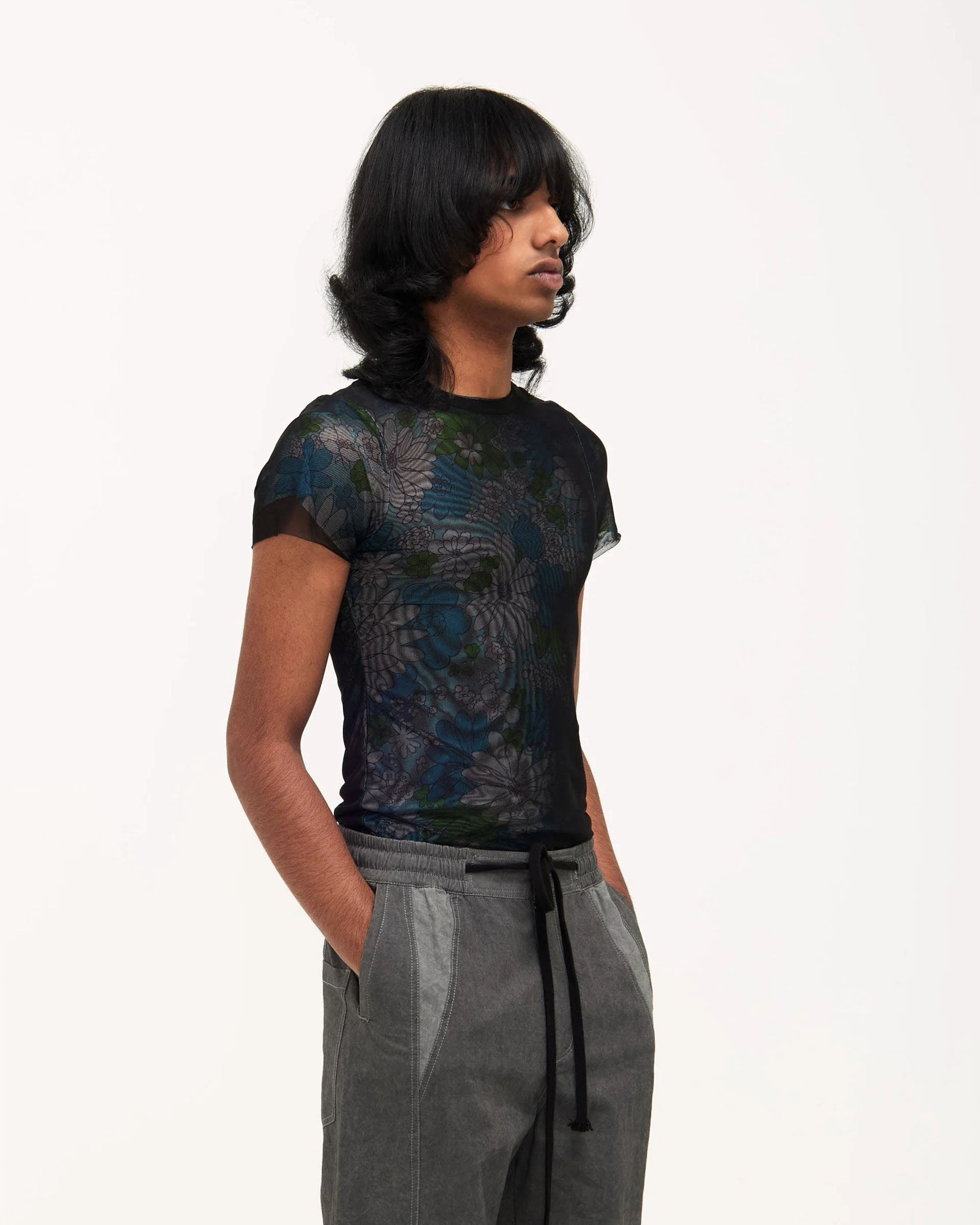 Double Layer Mesh T-Shirt - Black / Floral