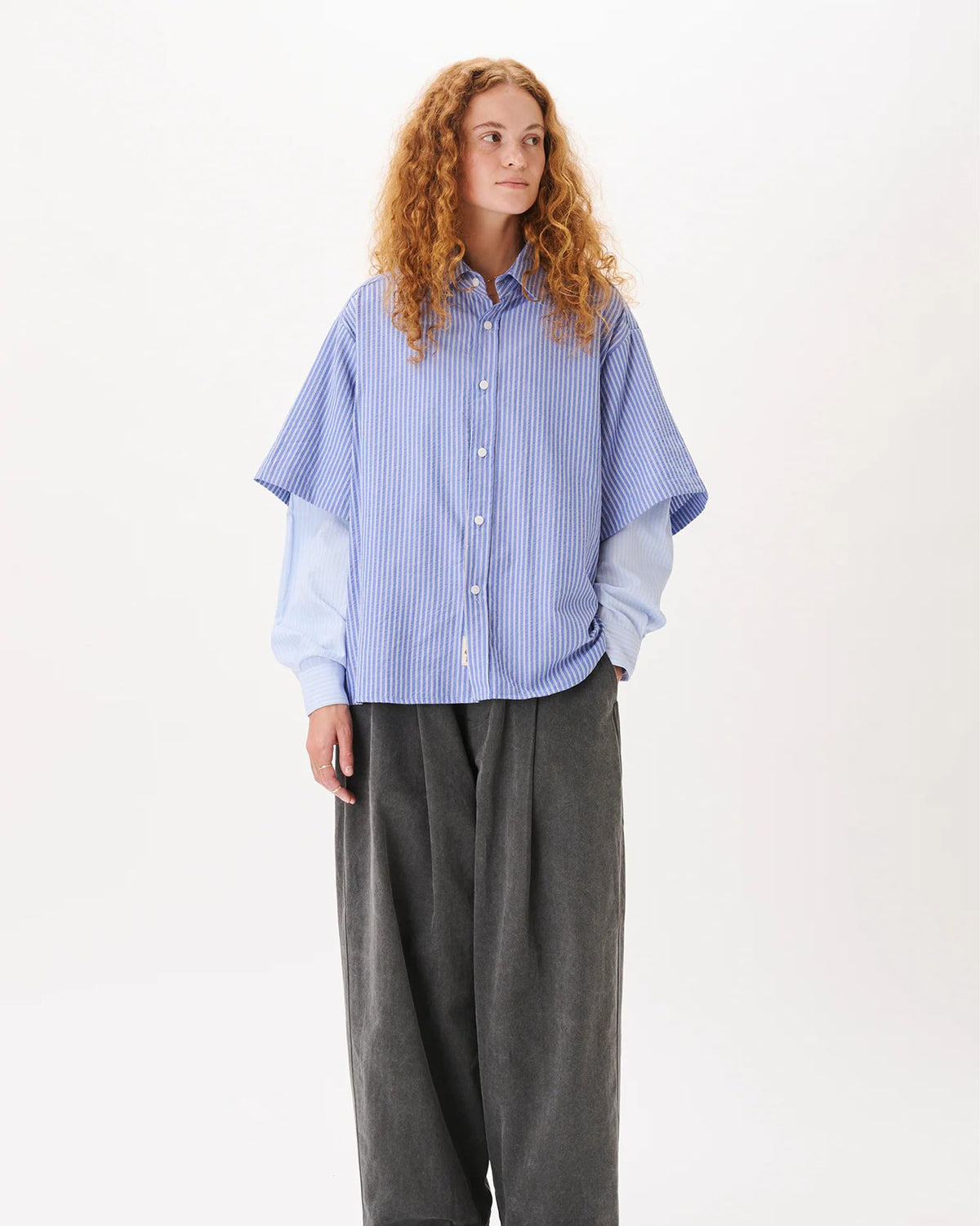 Button-Up Layered Shirt - Blue Stripes
